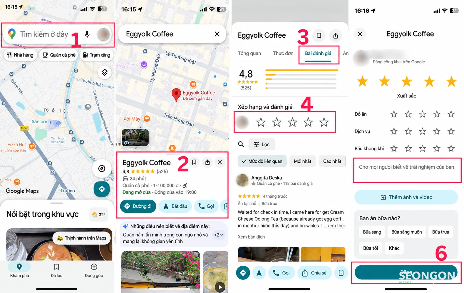 Giao diện chấm sao và viết nhận xét trên Google Maps iPhone.