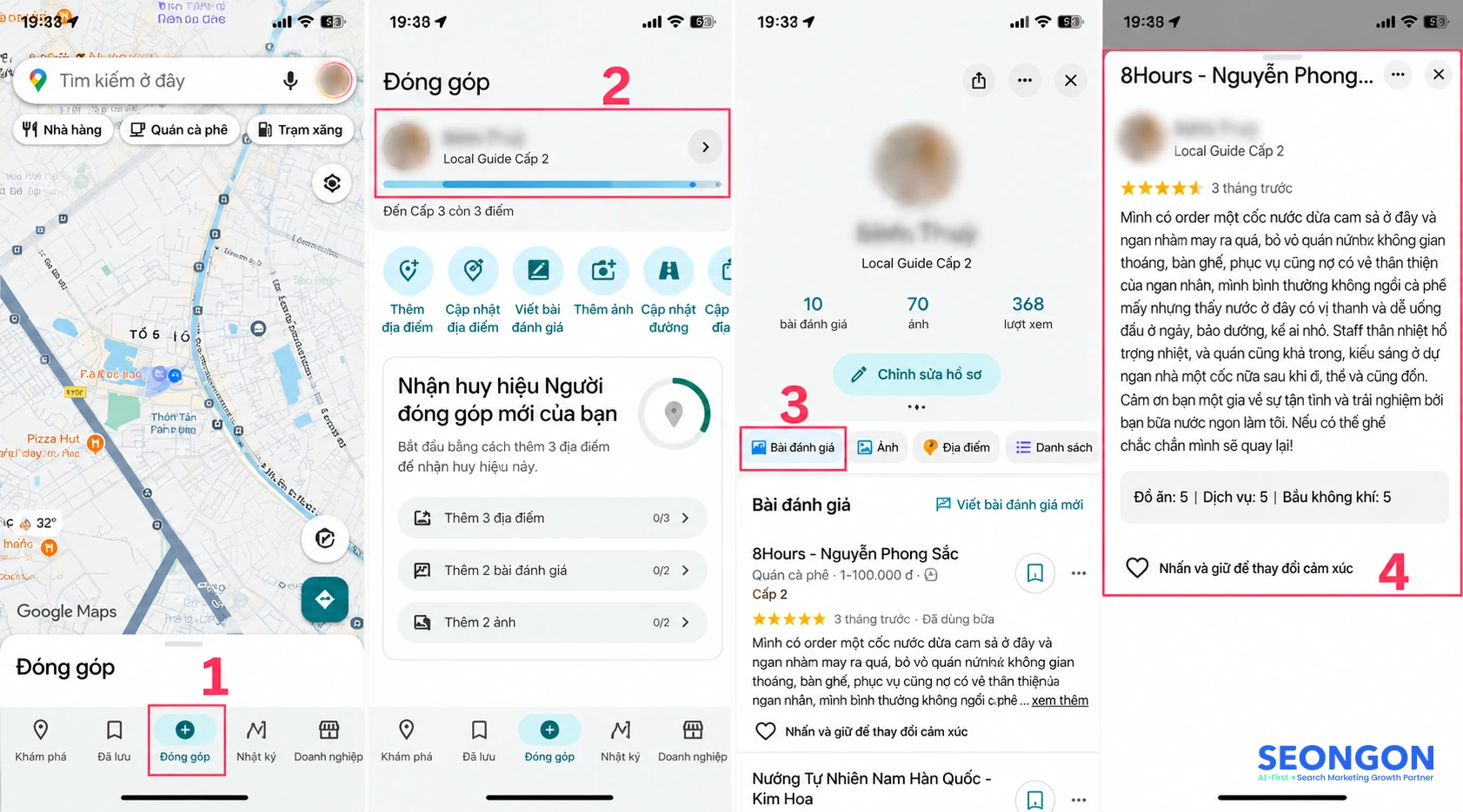 Giao diện danh sách các bài đánh giá đã đăng trong mục Đóng góp của Google Maps trên điện thoại.