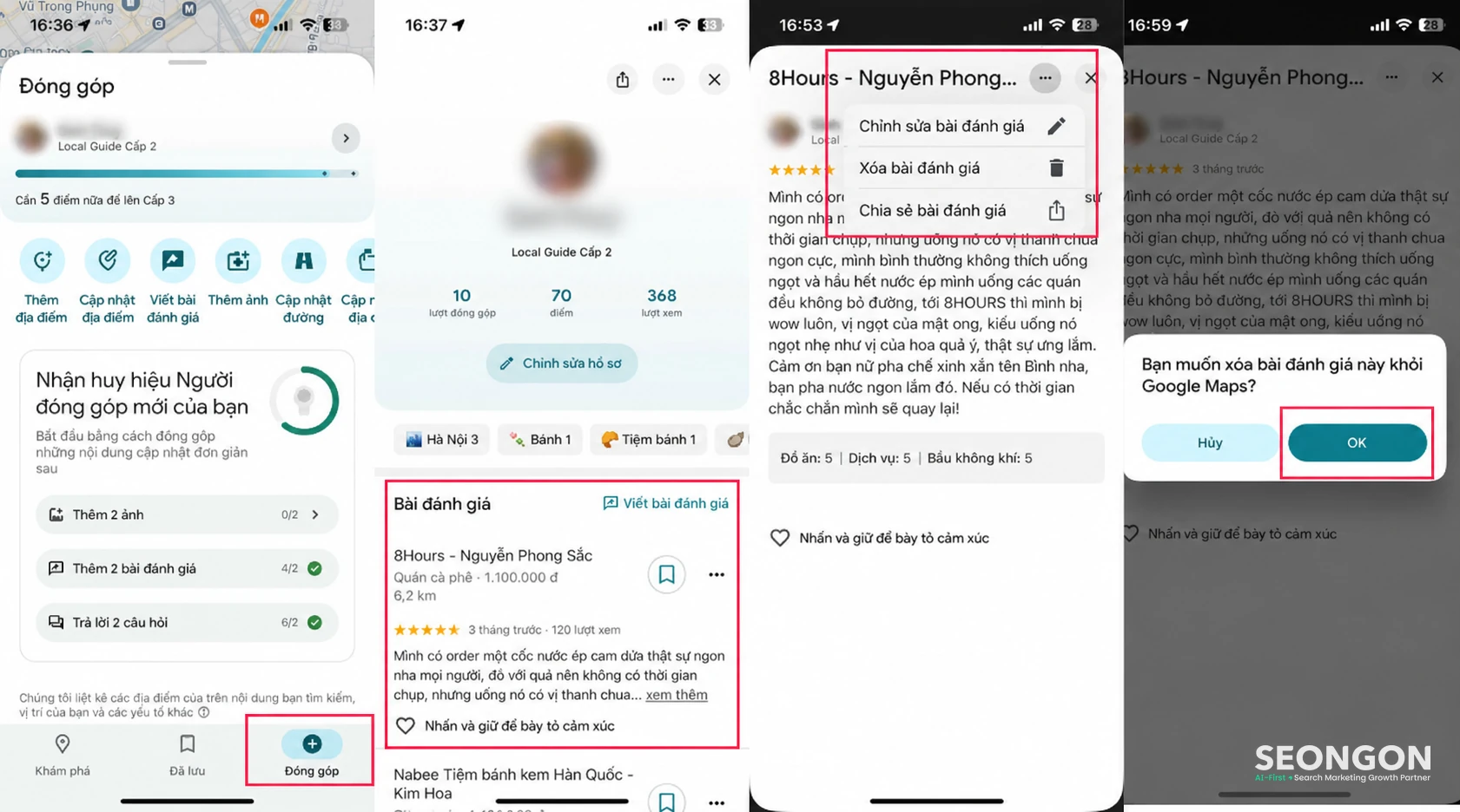 Giao diện tùy chọn Xóa bài đánh giá trong danh sách đóng góp trên Google Maps.