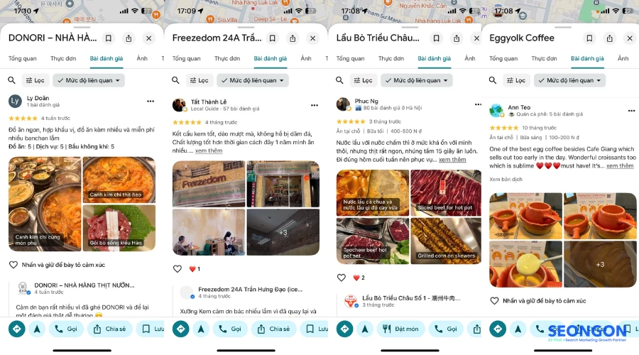 Minh họa các bài đánh giá chia sẻ trải nghiệm, và cung cấp thông tin trên Google Maps