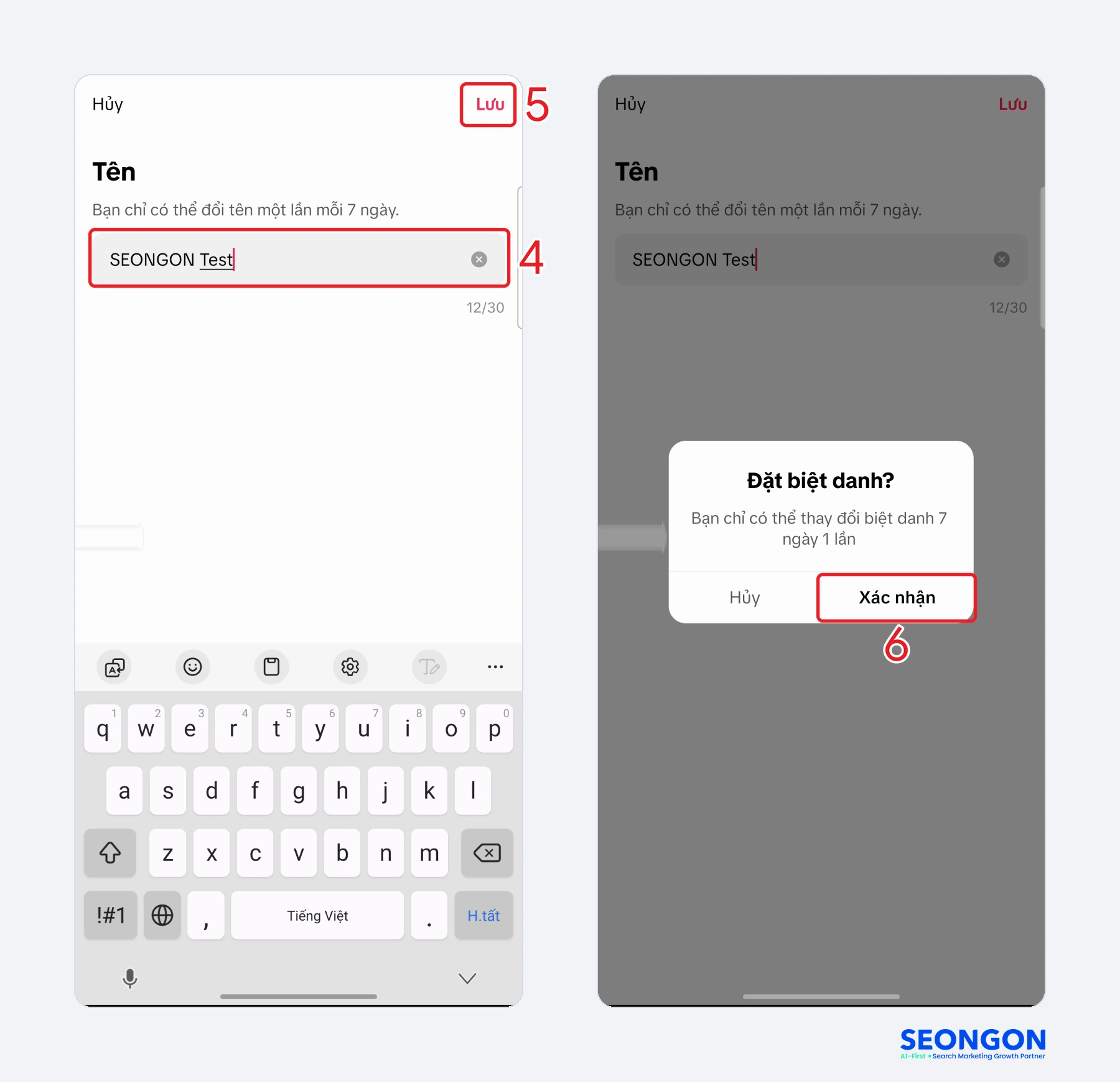 Nhập tên mới, bấm Lưu và Xác nhận đặt biệt danh trên TikTok