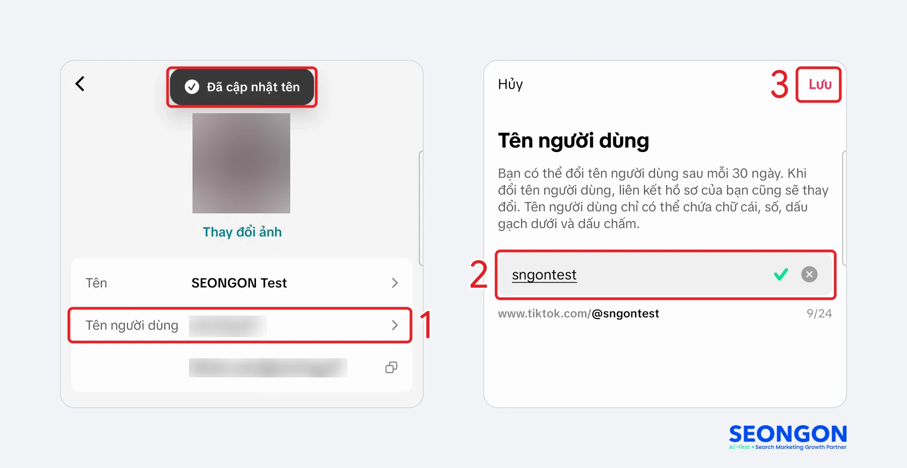 Bấm Tên người dùng, nhập TikTok ID mới có dấu tick xanh rồi bấm Lưu