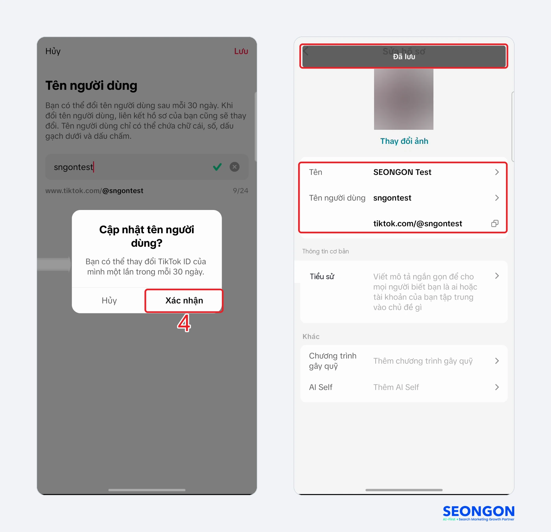 Xác nhận cập nhật tên người dùng và kết quả sau khi đổi TikTok ID
