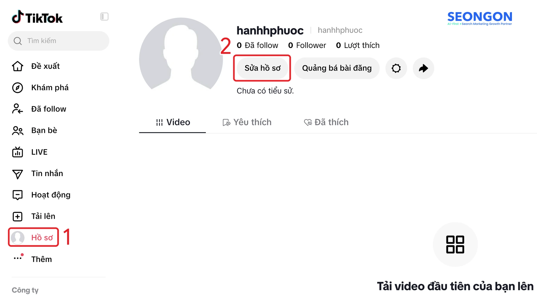 Vào Hồ sơ trên TikTok web và bấm Sửa hồ sơ