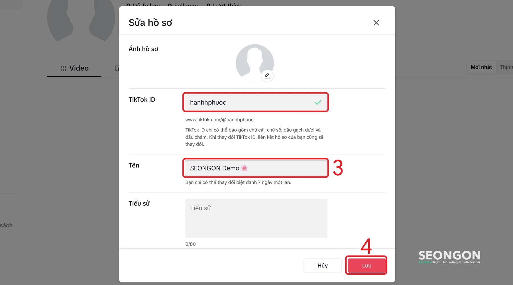 Hộp Sửa hồ sơ trên TikTok web: ô TikTok ID, ô Tên và nút Lưu