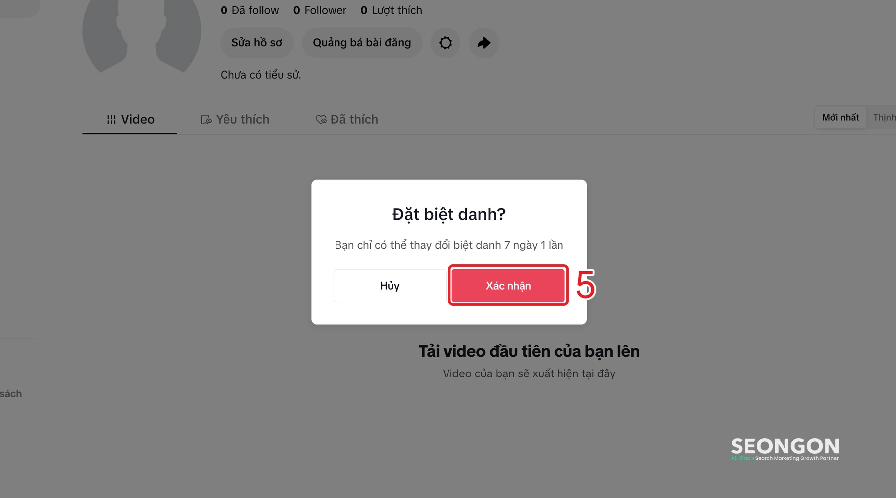 Hộp thoại Đặt biệt danh trên TikTok web, bấm Xác nhận