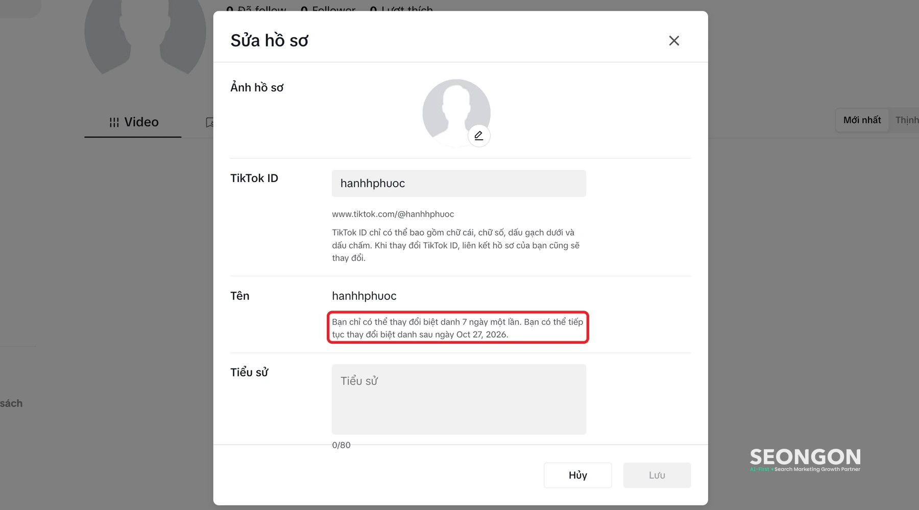 TikTok web khoá ô Tên và ghi ngày được đổi lại tên