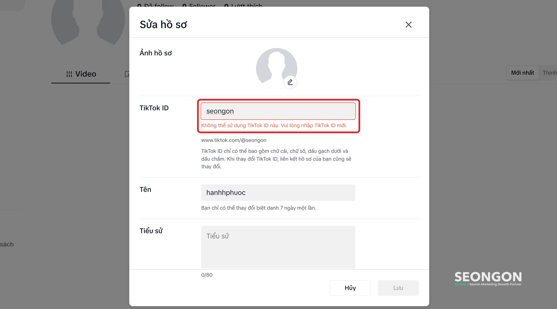 TikTok báo không thể sử dụng TikTok ID khi ID đã có người dùng hoặc sai ký tự