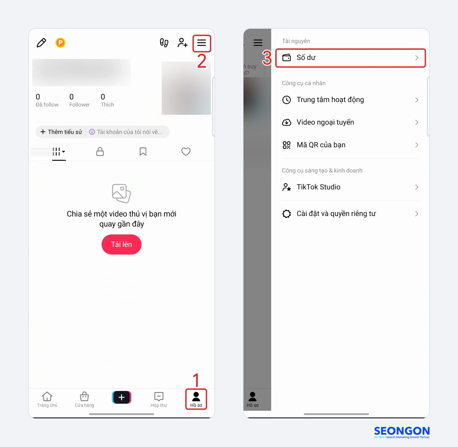 Vào Số dư trong ứng dụng TikTok: bấm Hồ sơ, biểu tượng menu rồi chọn Số dư