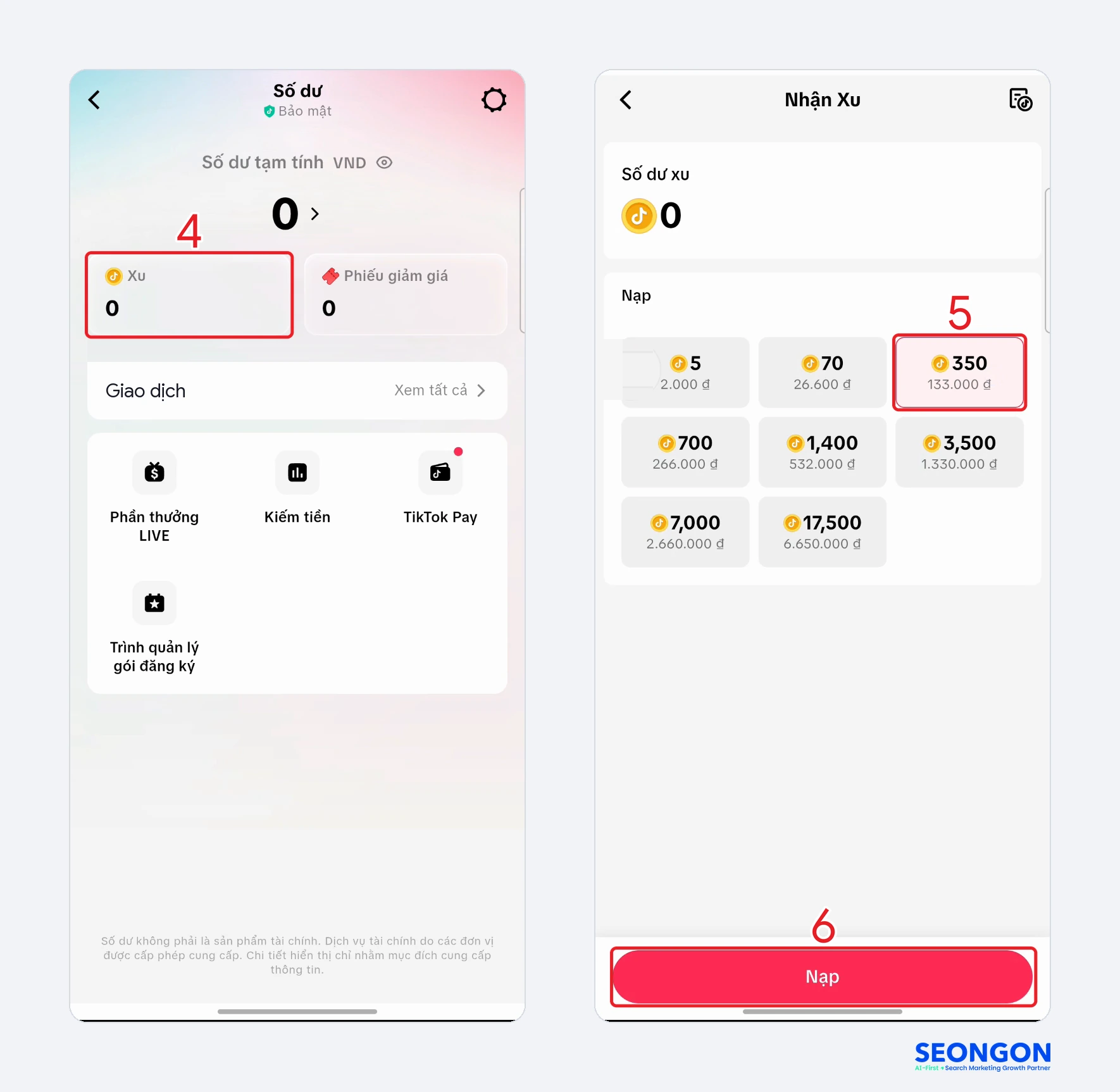 Bấm ô Xu, chọn gói xu và bấm Nạp trong ứng dụng TikTok