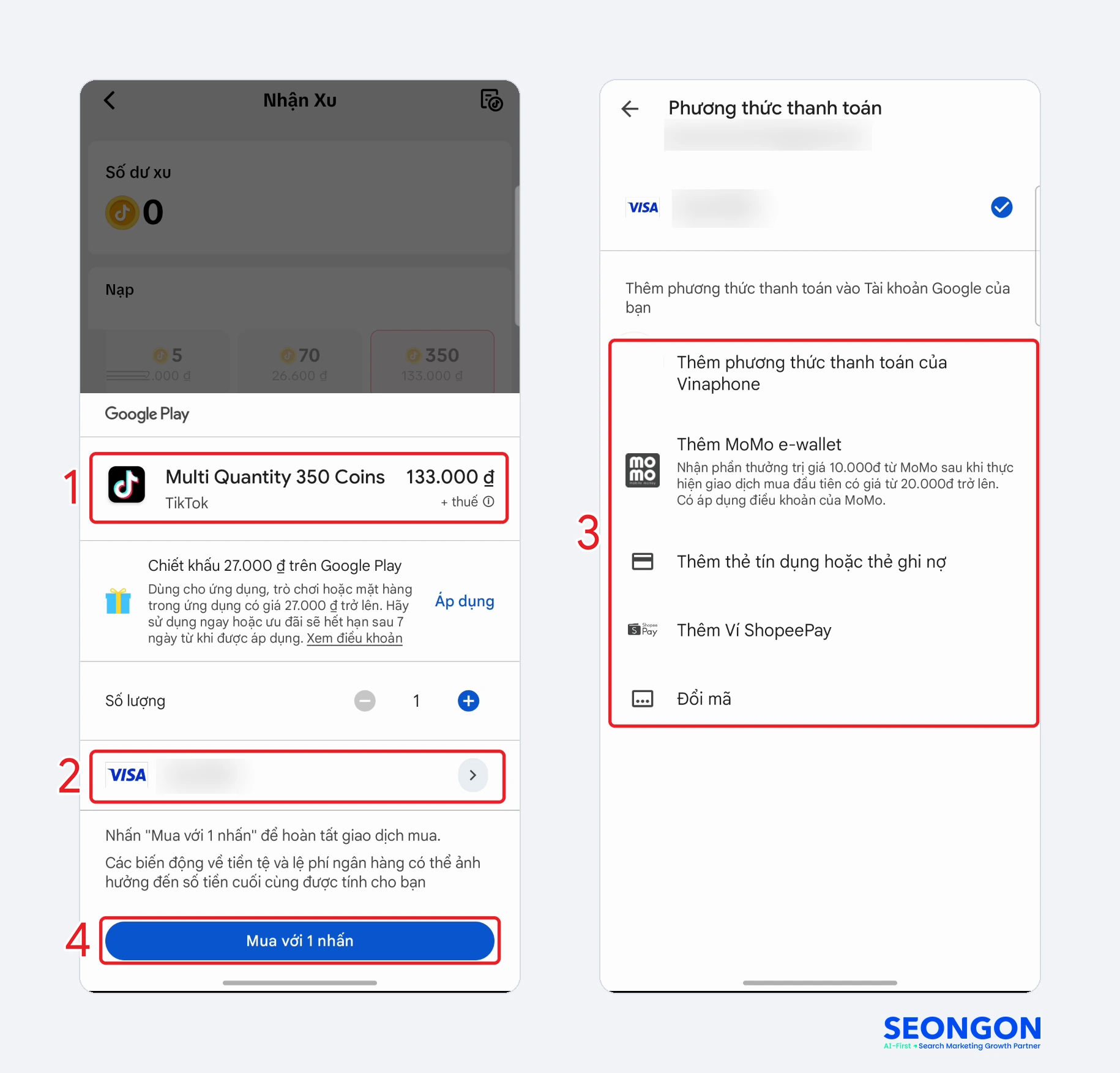 Bảng thanh toán Google Play khi nạp xu TikTok và danh sách phương thức thanh toán
