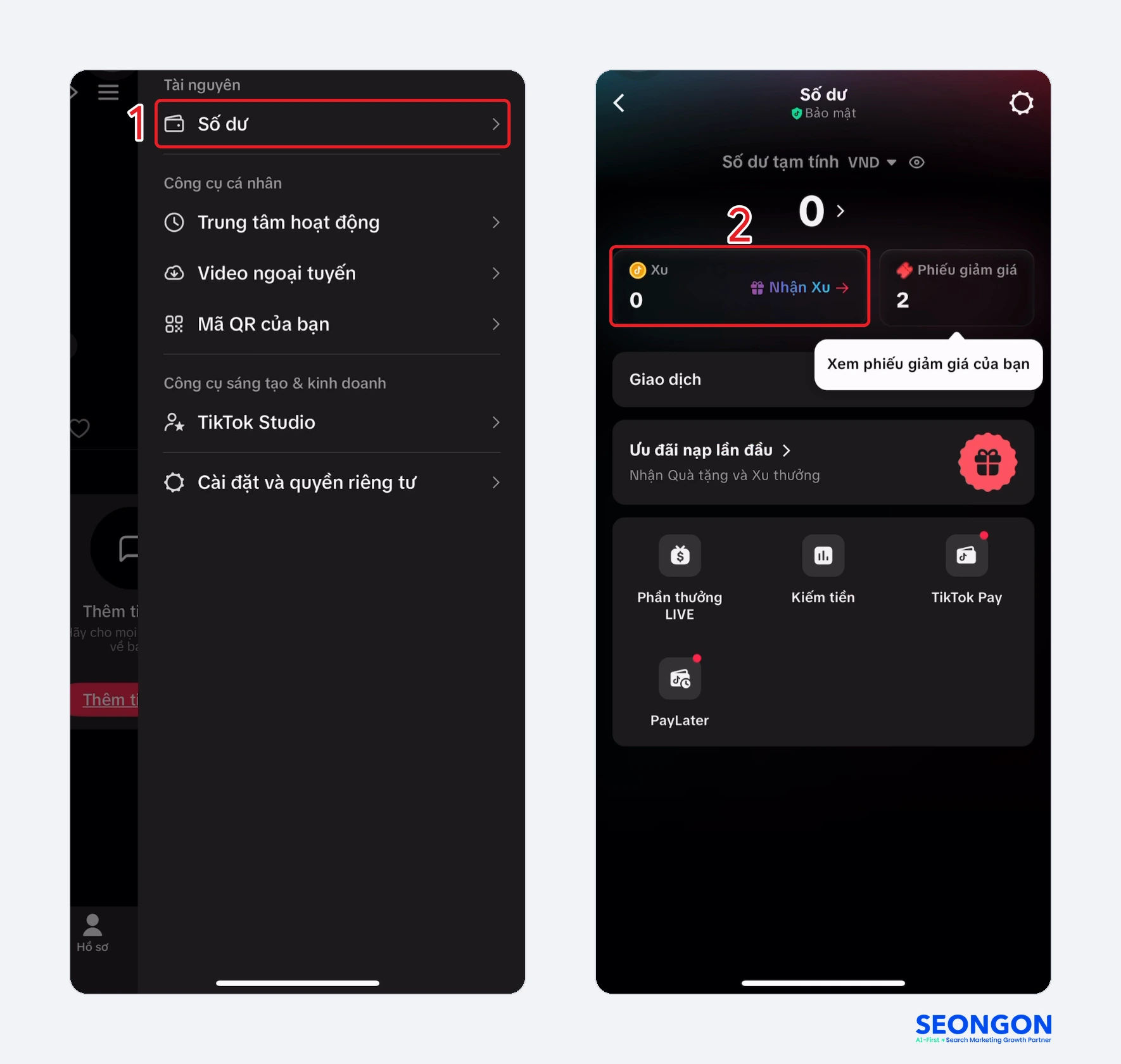 Vào Số dư và bấm ô Xu trong app TikTok trên iPhone
