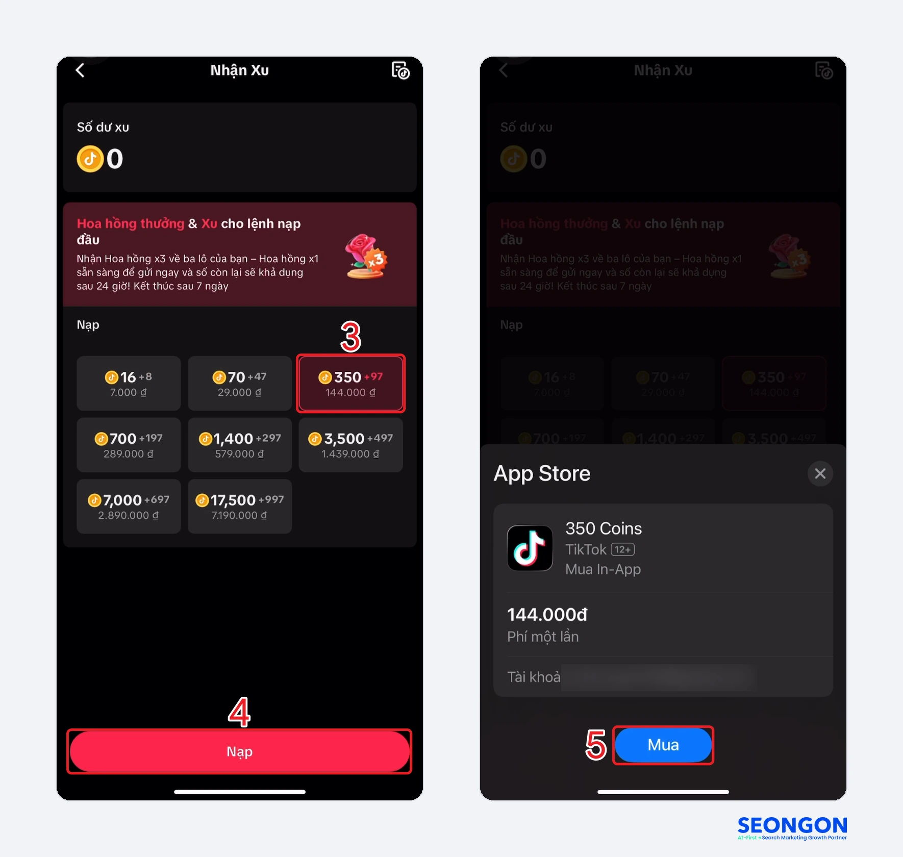 Chọn gói xu, bấm Nạp và bấm Mua trên bảng App Store khi nạp xu TikTok trên iPhone