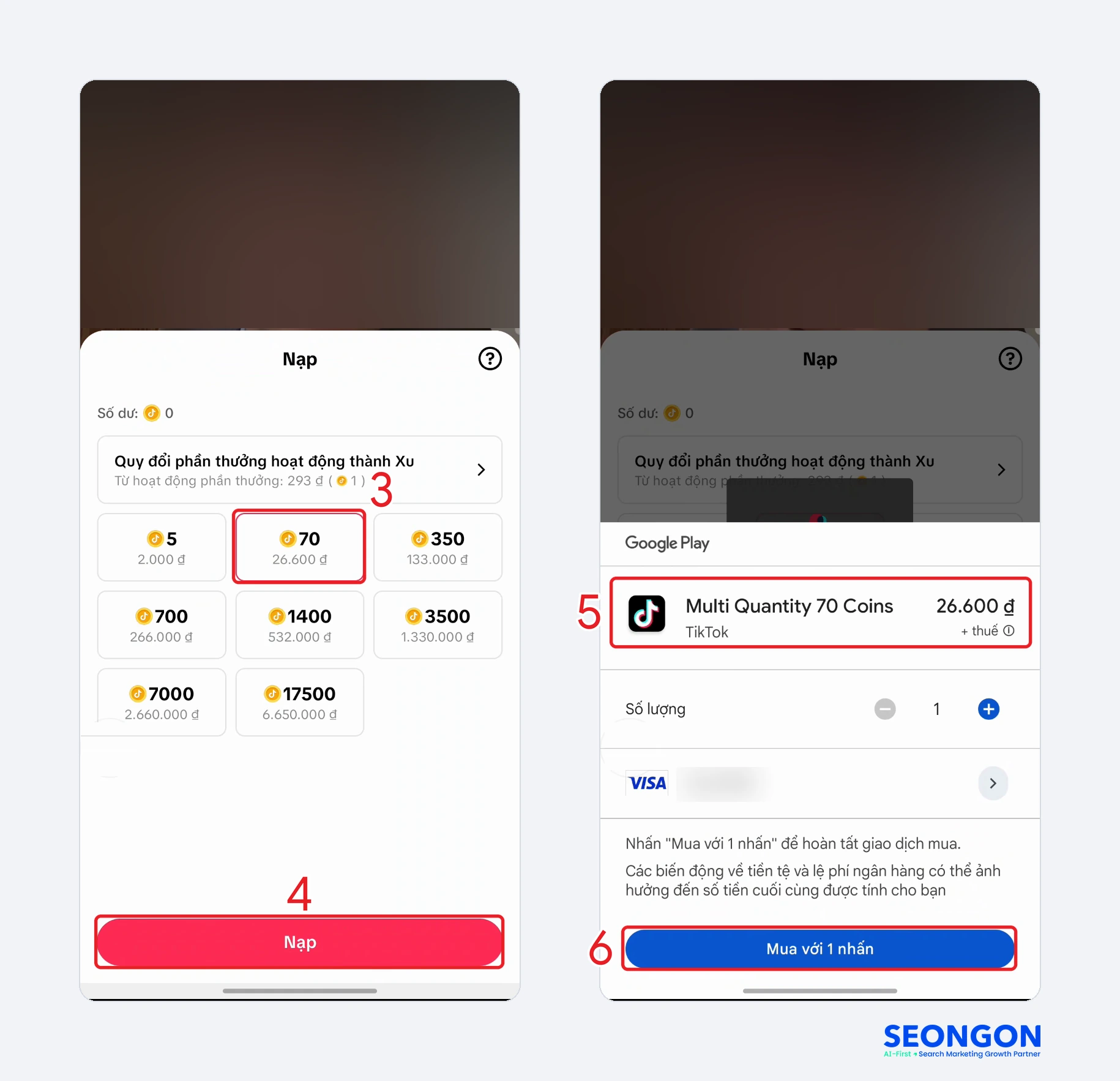 Chọn gói xu, bấm Nạp và thanh toán qua Google Play khi đang xem LIVE