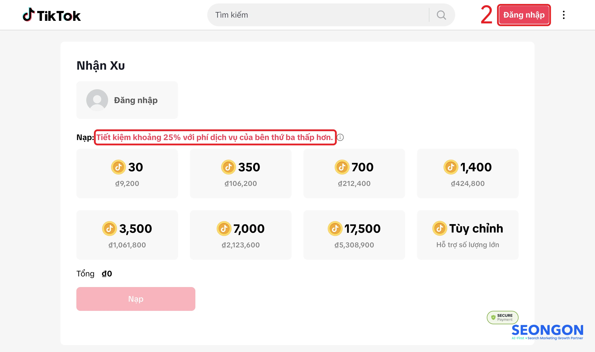 Trang tiktok.com/coin khi chưa đăng nhập, nút Đăng nhập và dòng tiết kiệm khoảng 25%