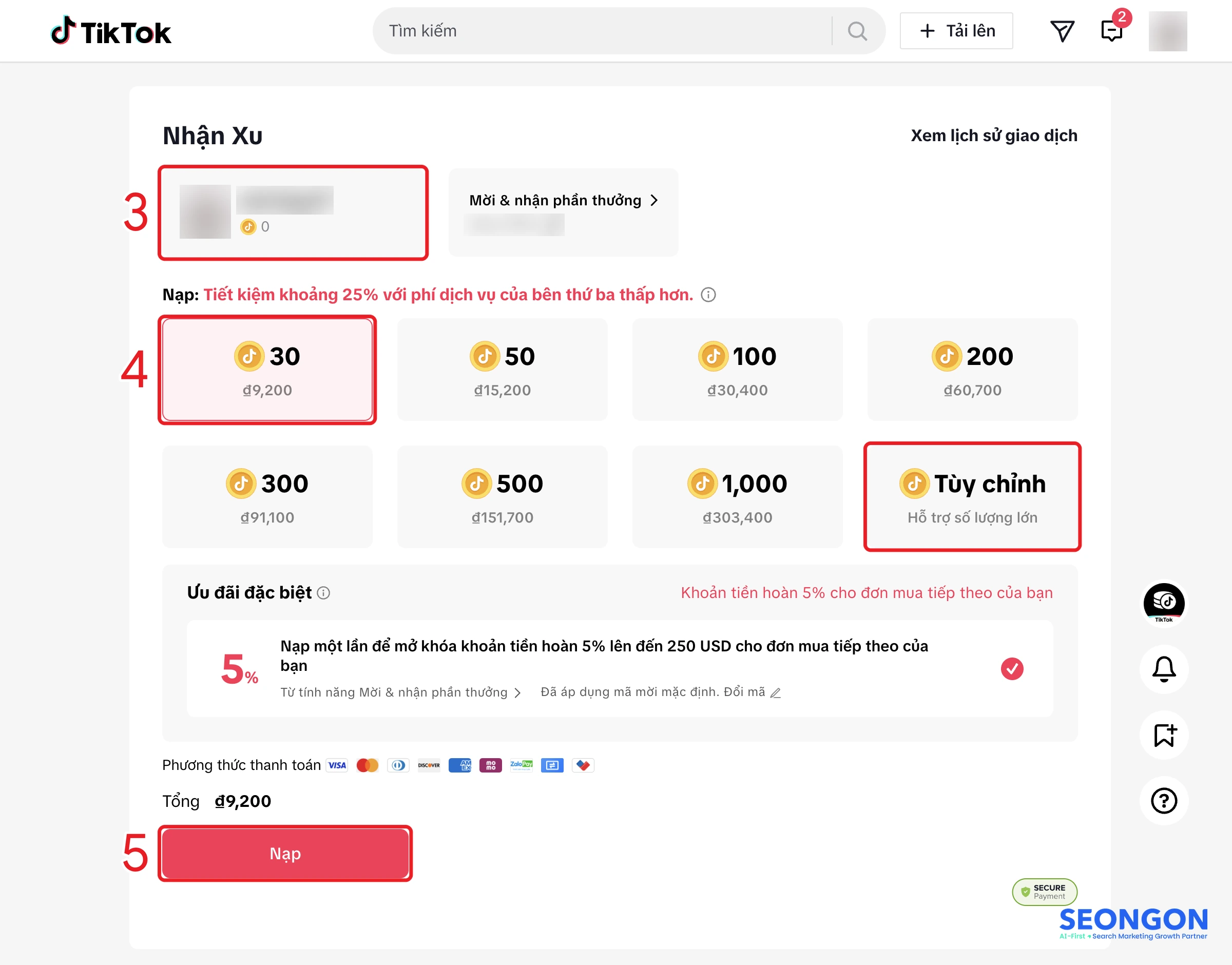 Trang nạp xu TikTok trên web sau khi đăng nhập: kiểm tra tài khoản, chọn gói xu, bấm Nạp