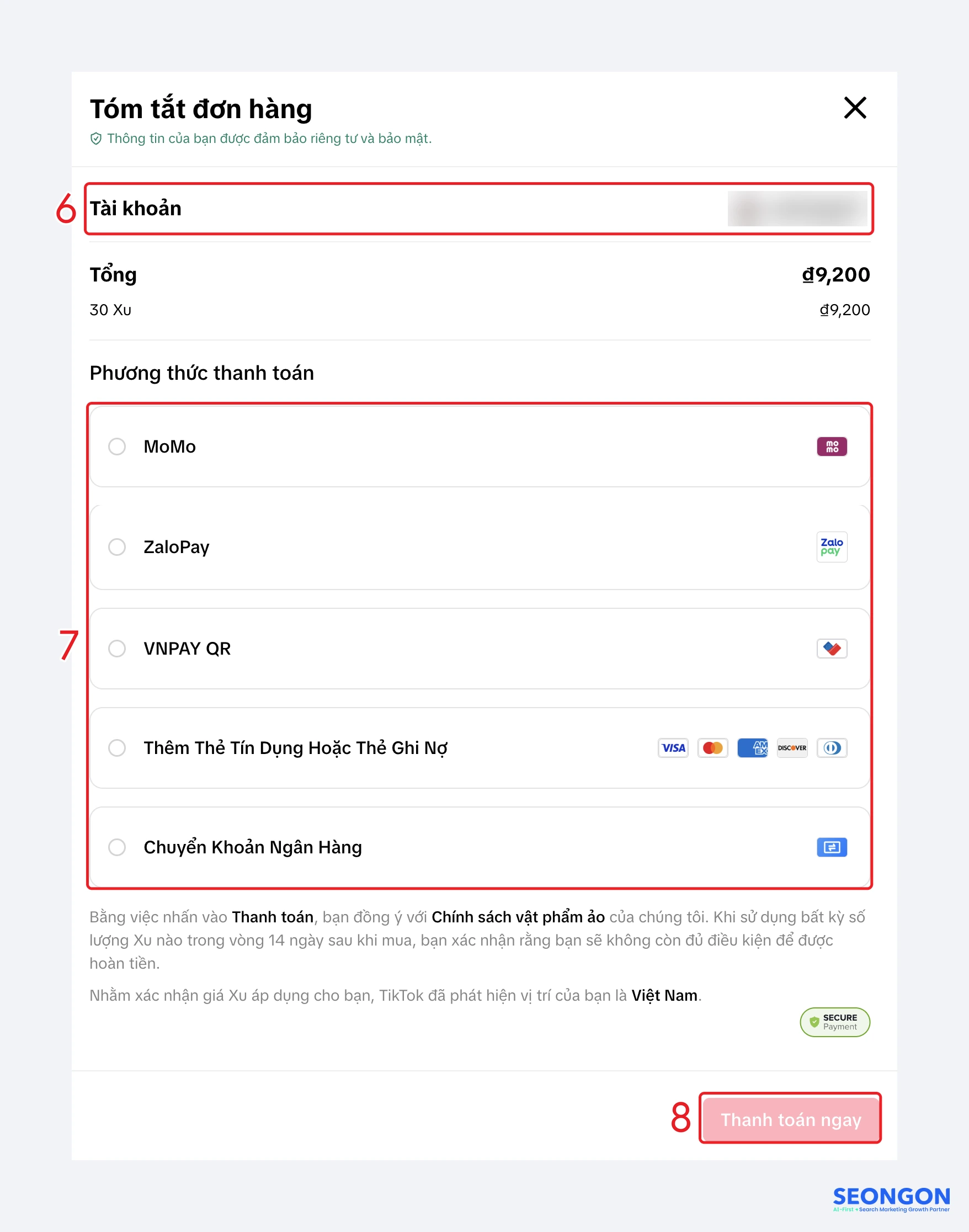 Bảng Tóm tắt đơn hàng với 5 phương thức thanh toán khi nạp xu TikTok trên web