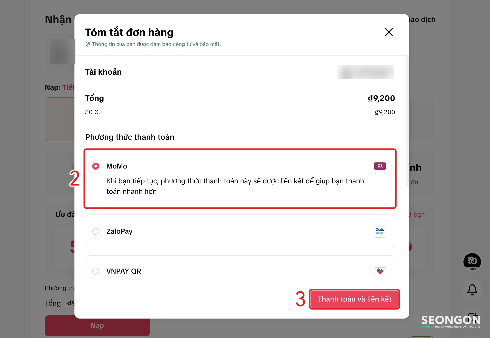 Chọn MoMo và bấm Thanh toán và liên kết khi nạp xu TikTok trên web