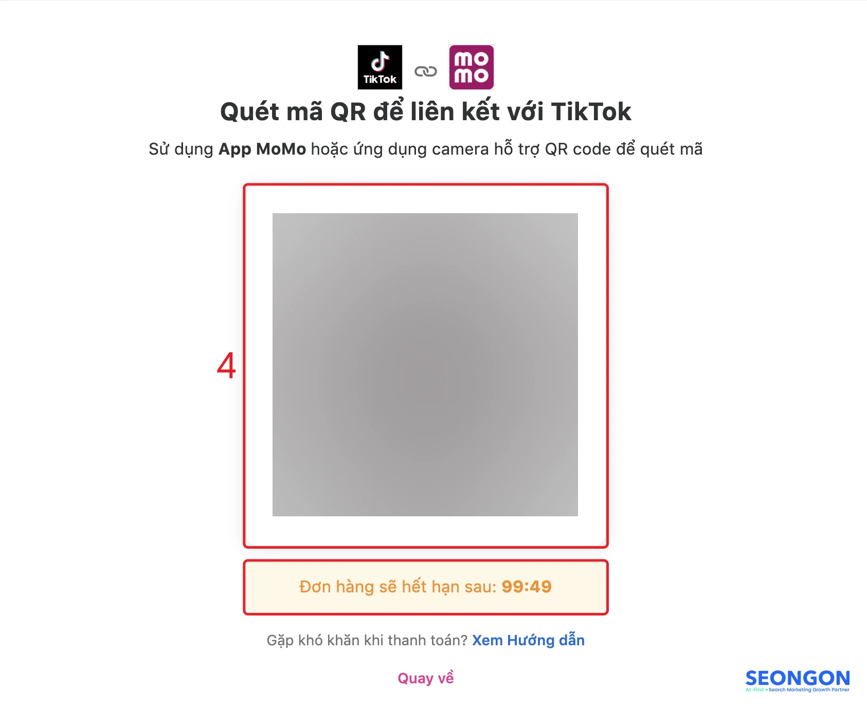 Trang mã QR liên kết MoMo với TikTok trên máy tính