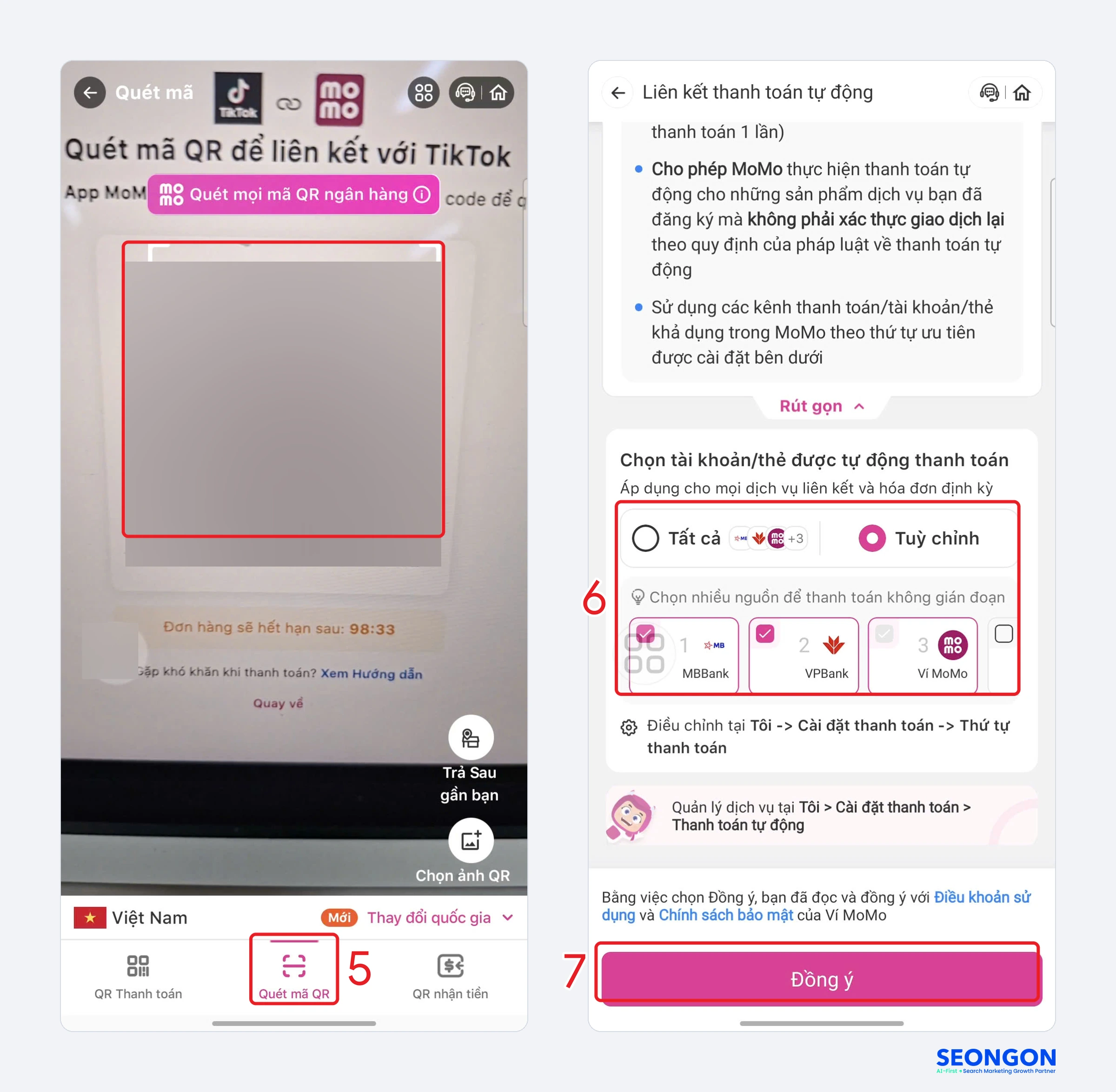 Quét mã QR bằng app MoMo, chọn nguồn tiền và bấm Đồng ý