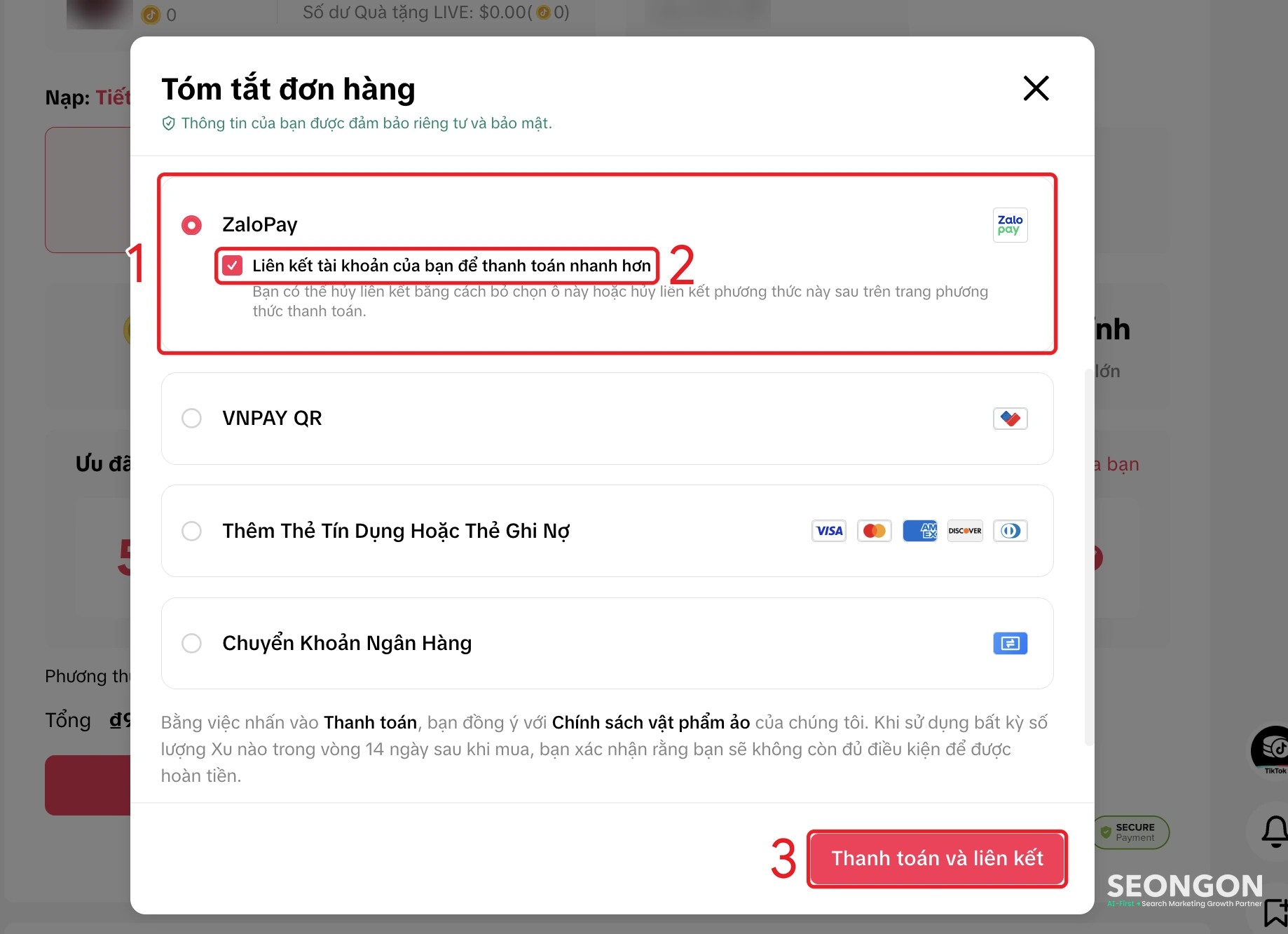 Chọn ZaloPay, ô liên kết tài khoản và nút Thanh toán và liên kết