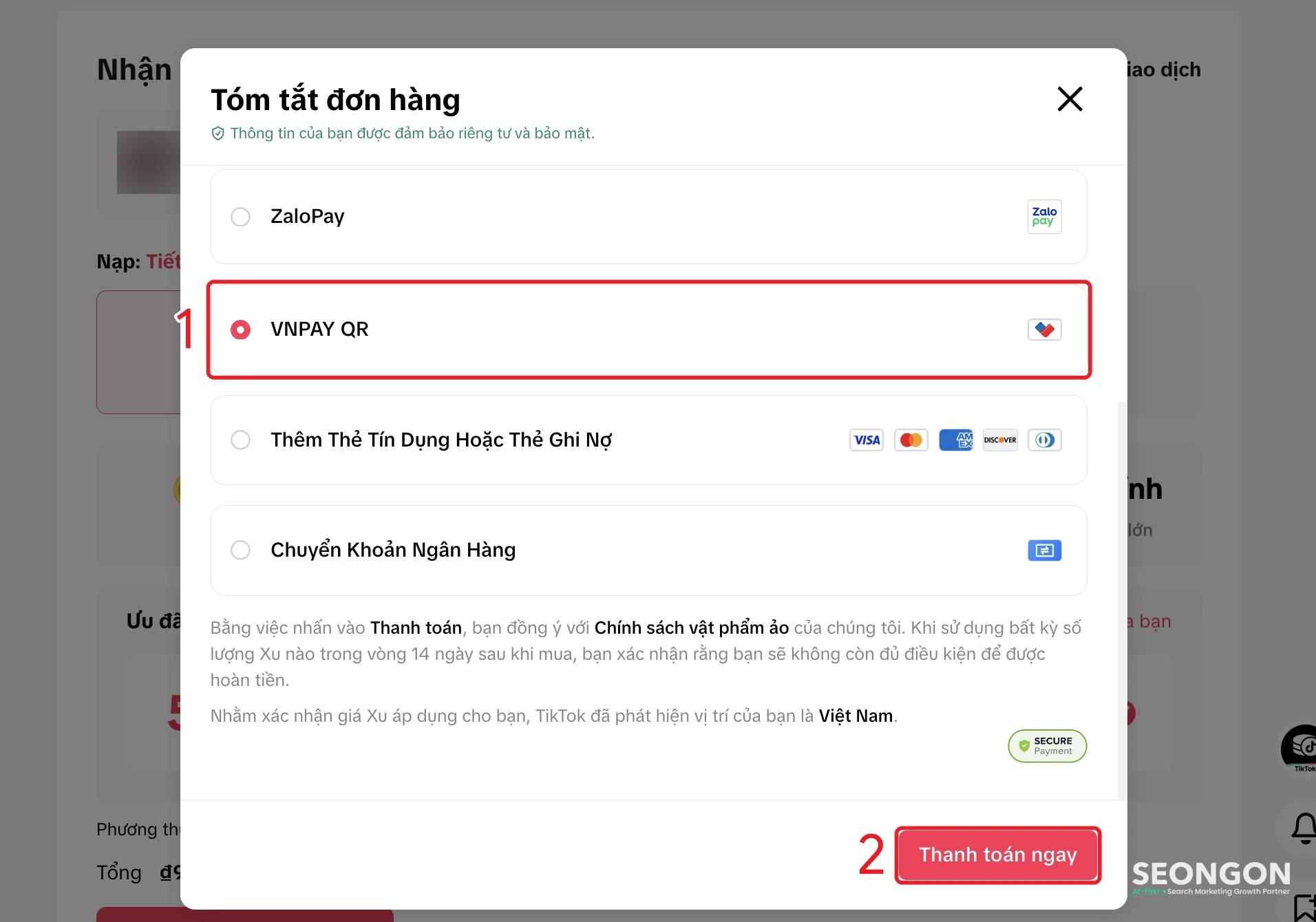 Chọn VNPAY QR và bấm Thanh toán ngay khi nạp xu TikTok