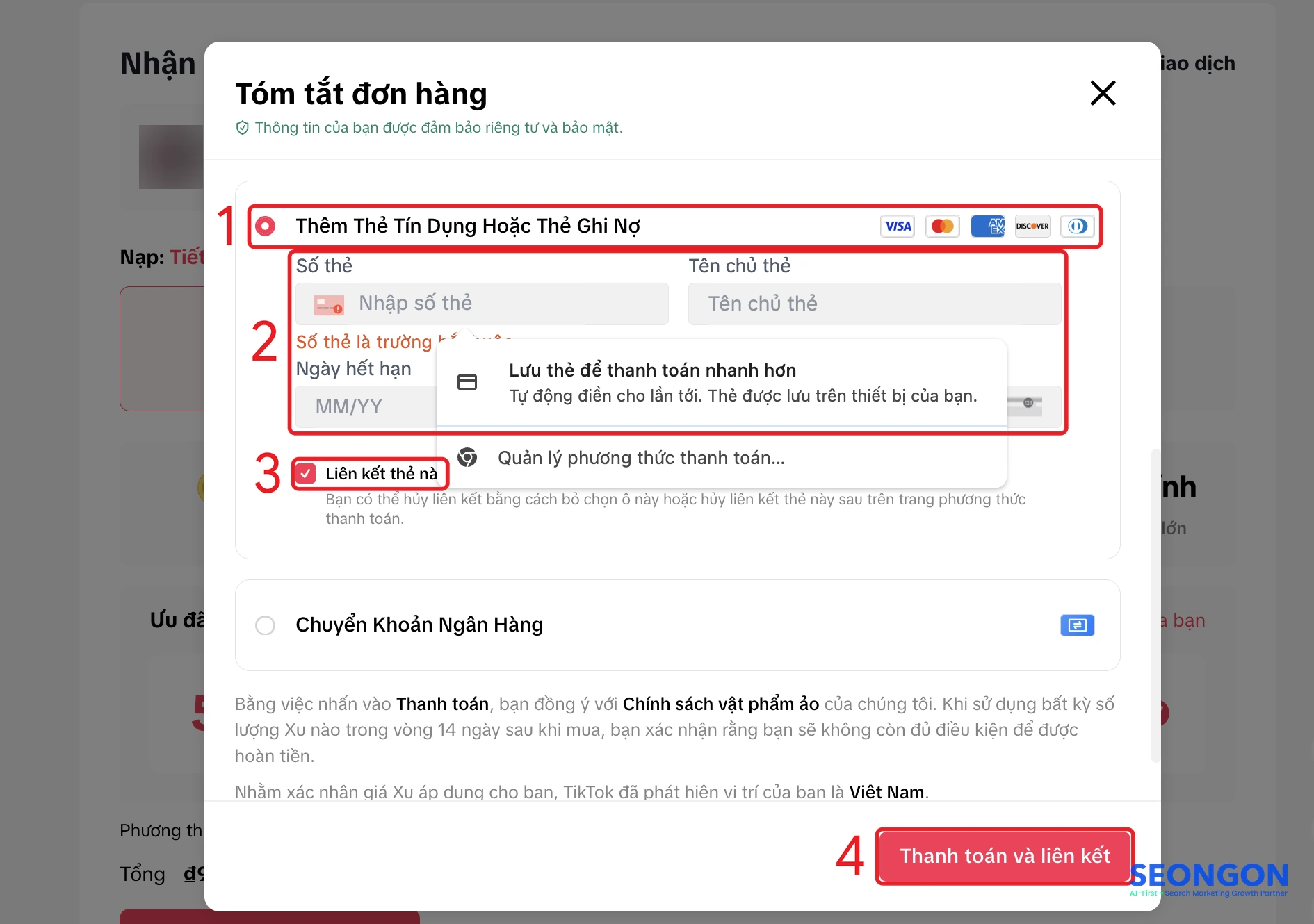 Nhập thông tin thẻ Visa, Mastercard khi nạp xu TikTok trên web