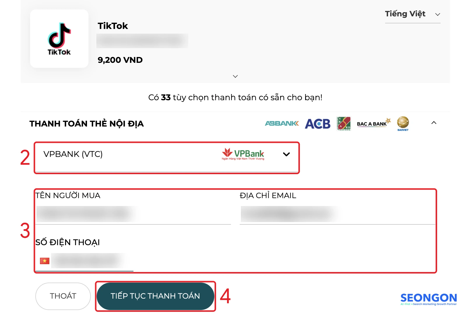 Chọn ngân hàng, nhập thông tin người mua và bấm Tiếp tục thanh toán