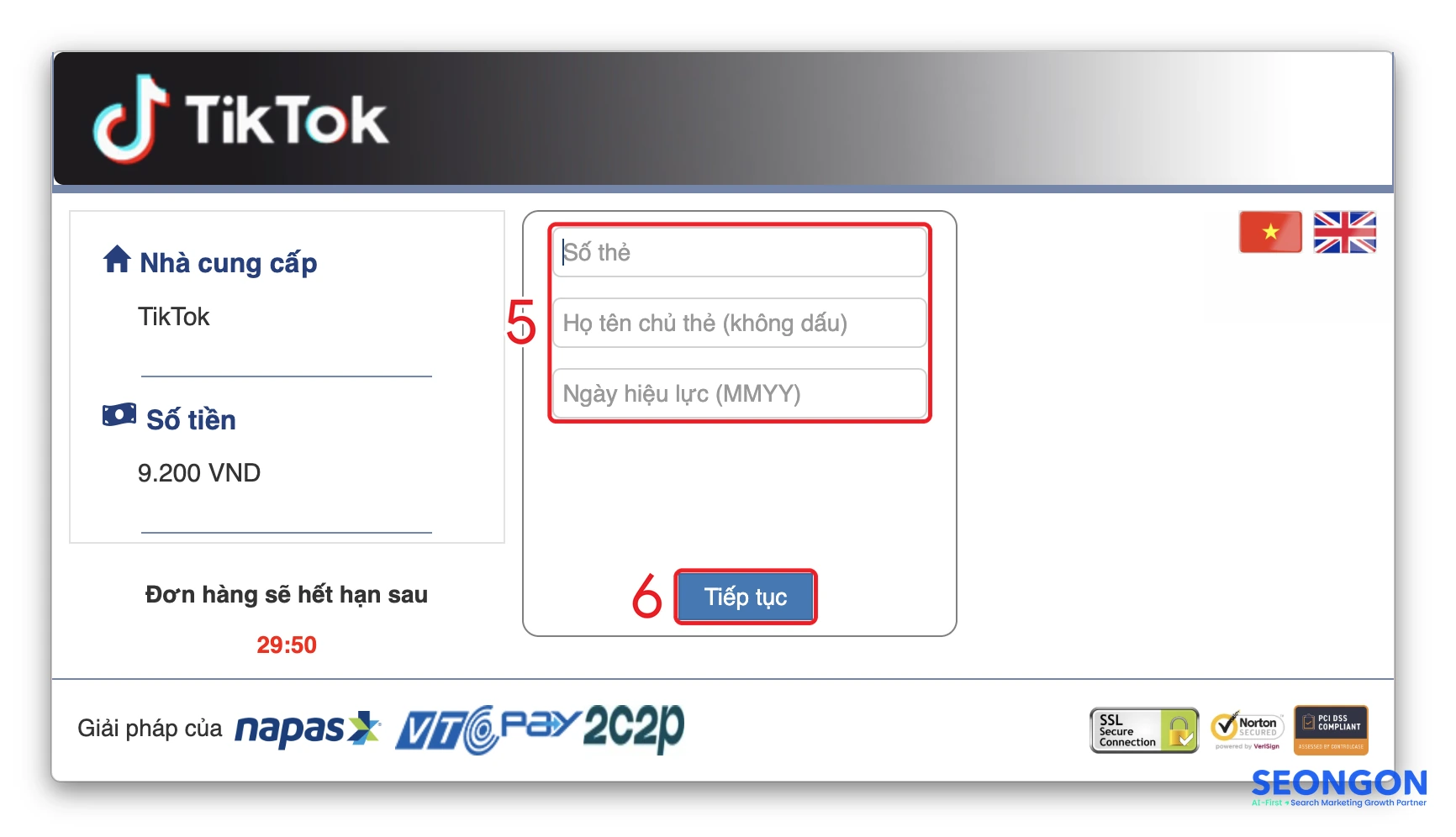 Nhập số thẻ ATM, tên chủ thẻ, ngày hiệu lực trên cổng Napas