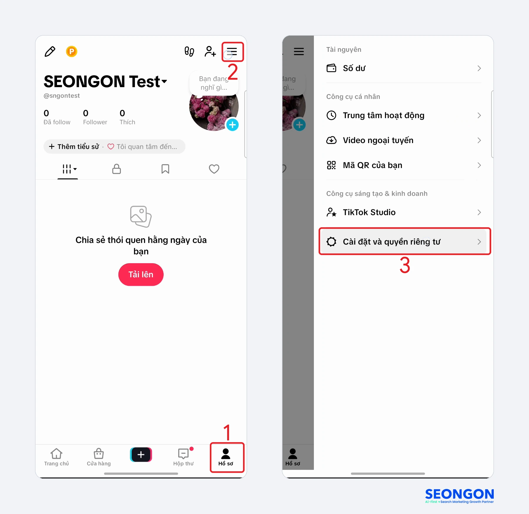 Mở Hồ sơ, bấm Menu và chọn Cài đặt và quyền riêng tư trên TikTok