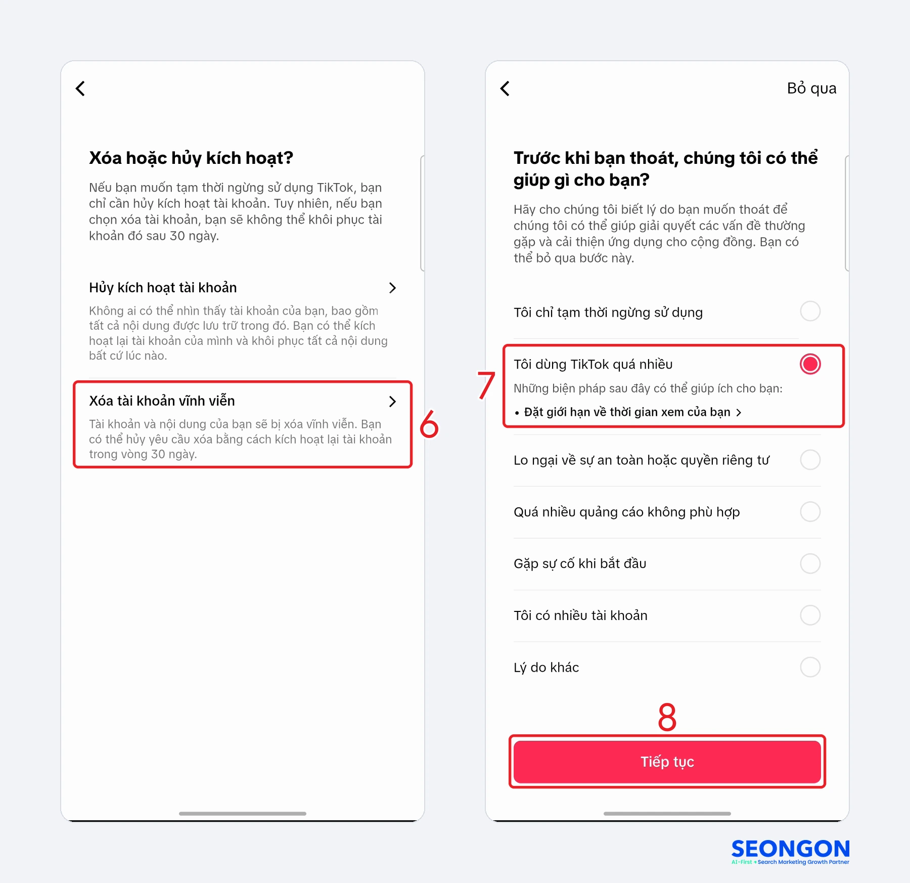 Chọn Xóa tài khoản vĩnh viễn, chọn lý do rời TikTok rồi bấm Tiếp tục