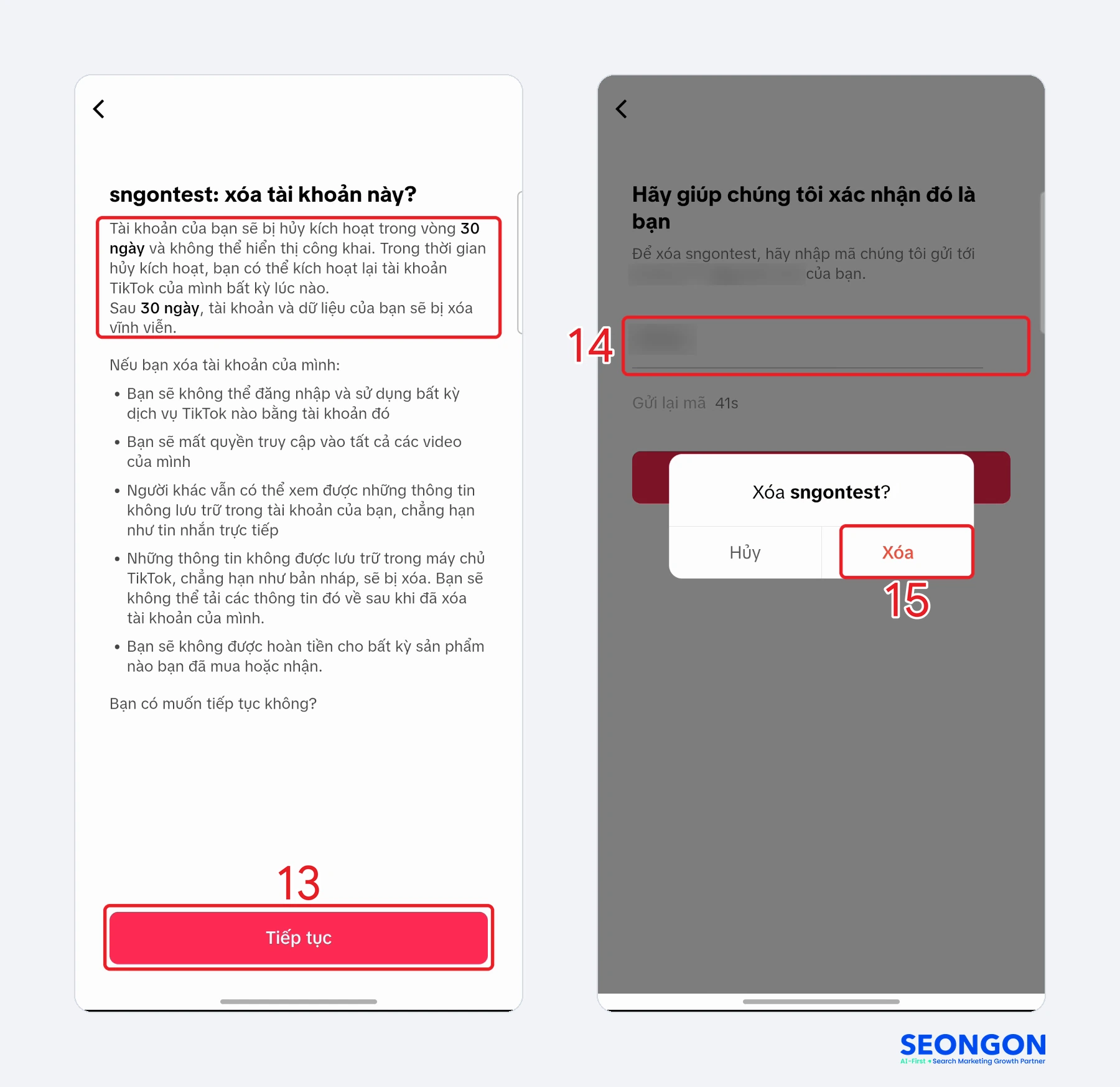 Màn hình xác nhận xoá tài khoản TikTok, nhập mã xác minh và bấm Xóa