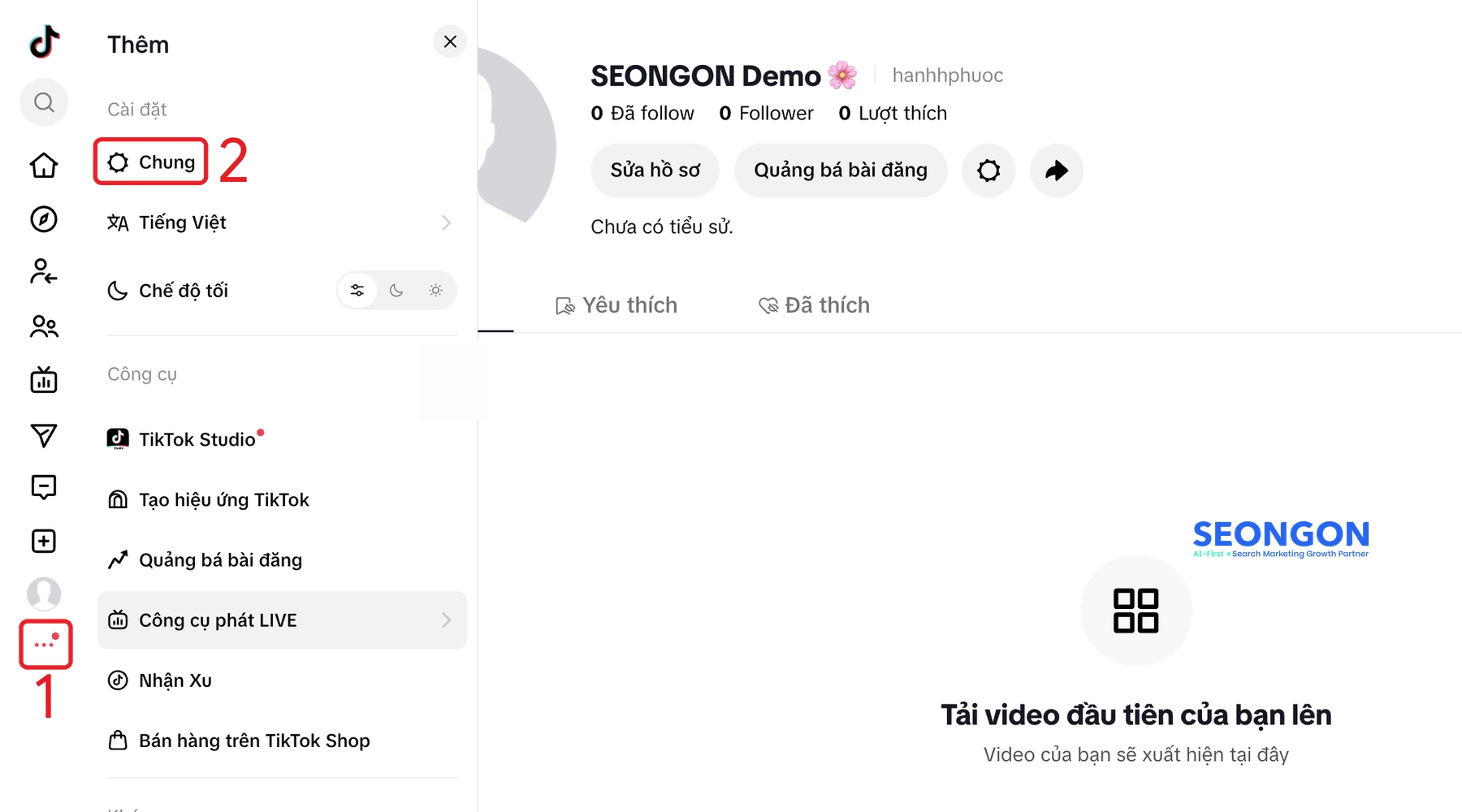 Bấm Thêm và chọn Chung trong mục Cài đặt trên TikTok bản web