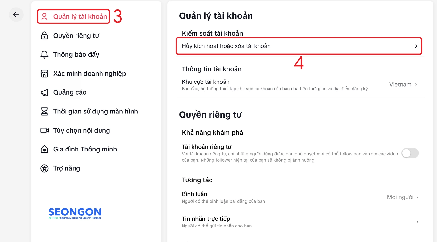 Trang Cài đặt TikTok web: Quản lý tài khoản, Hủy kích hoạt hoặc xóa tài khoản