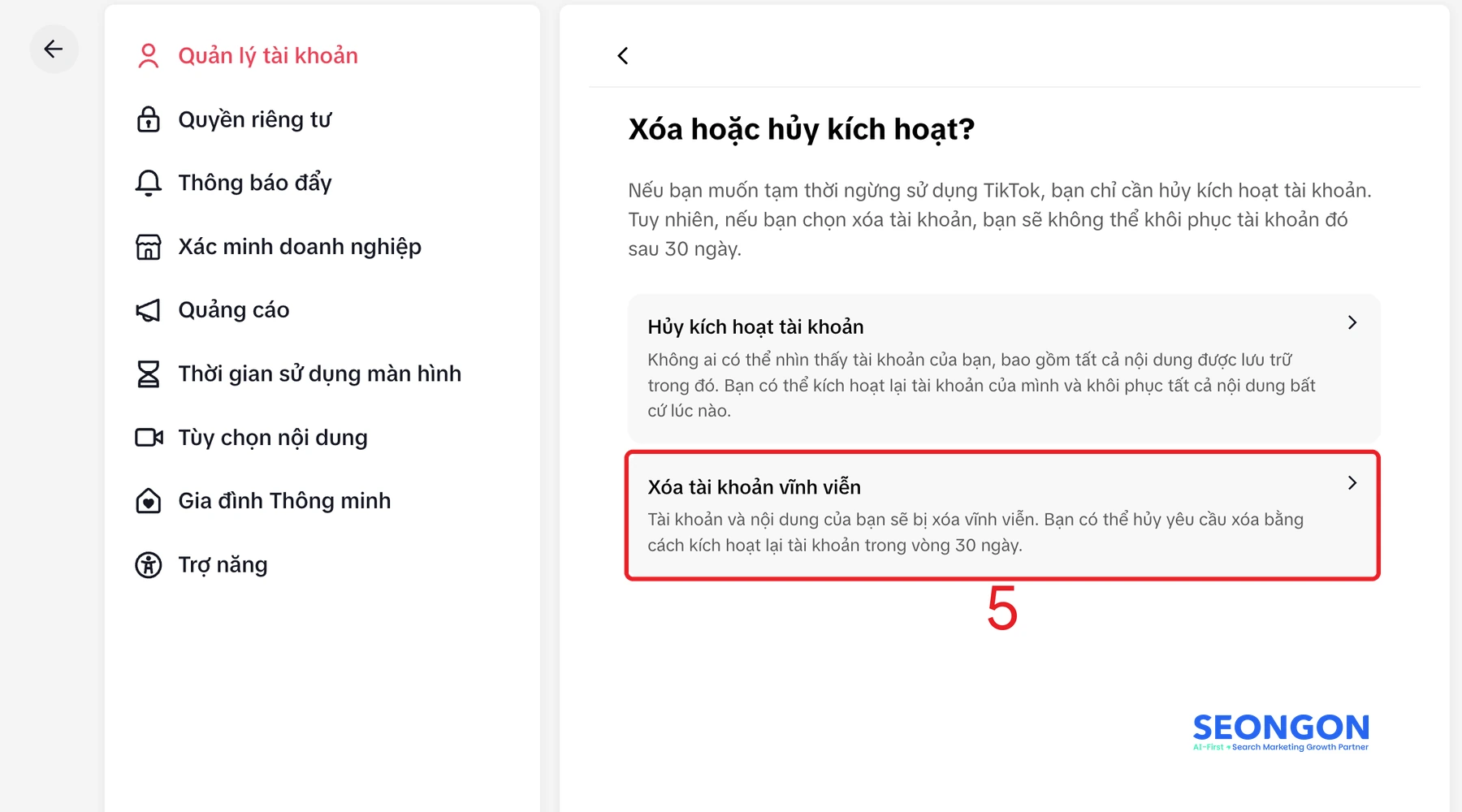 Chọn Xóa tài khoản vĩnh viễn trên TikTok bản web