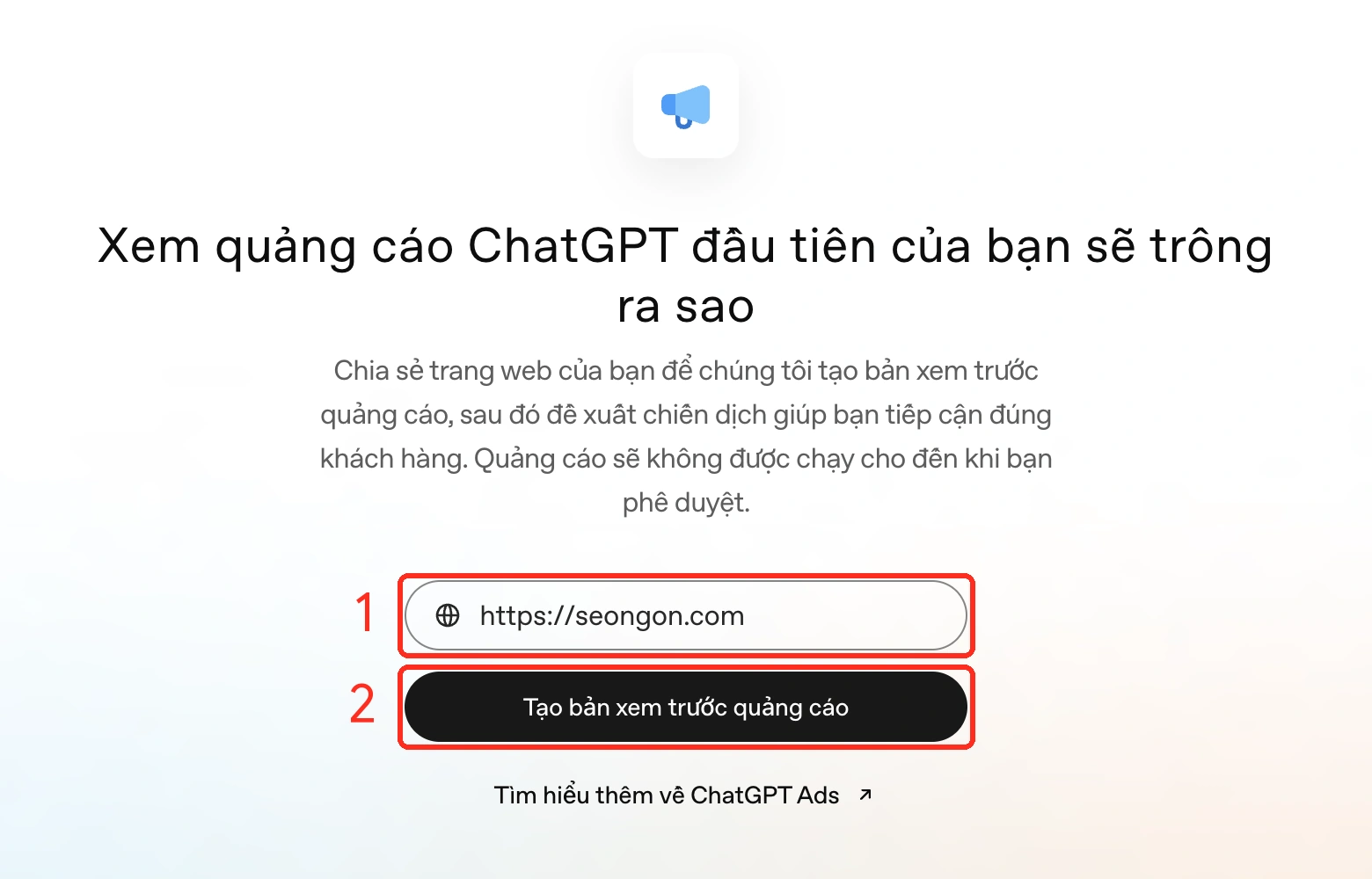 Màn hình nhập website để tạo bản xem trước quảng cáo trong ChatGPT Ads Manager