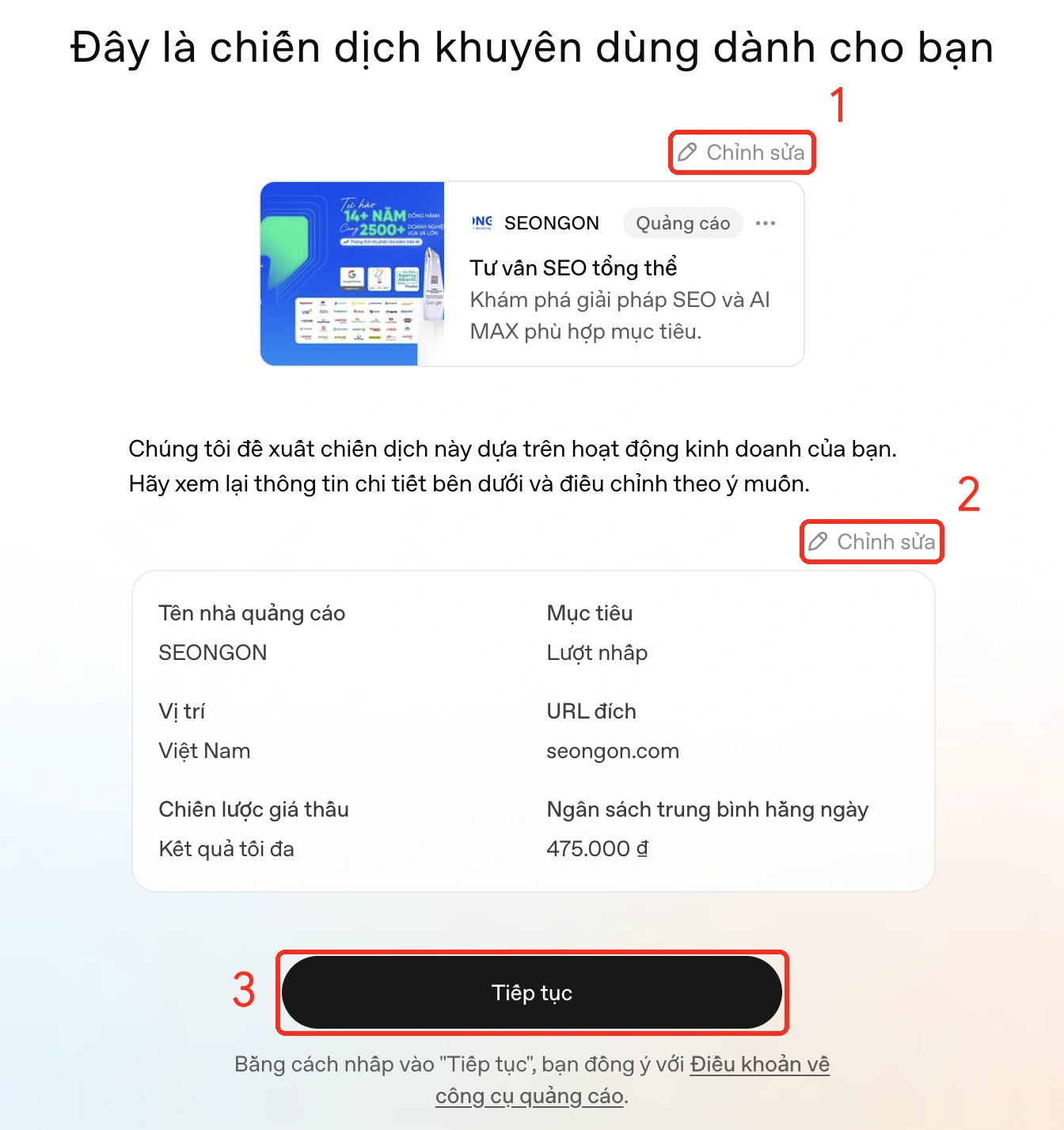 Chiến dịch khuyên dùng do ChatGPT Ads Manager đề xuất cho seongon.com