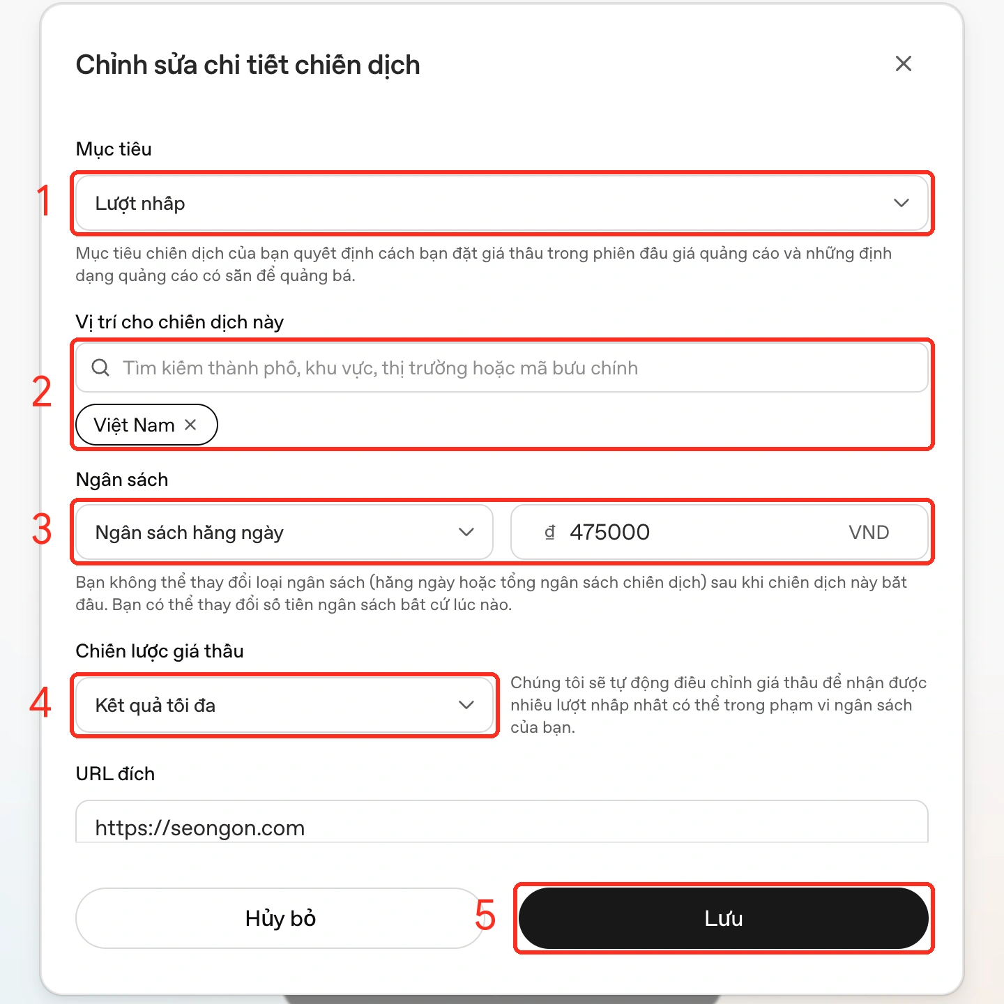Cài đặt mục tiêu, vị trí, ngân sách VND và chiến lược giá thầu trong ChatGPT Ads Manager