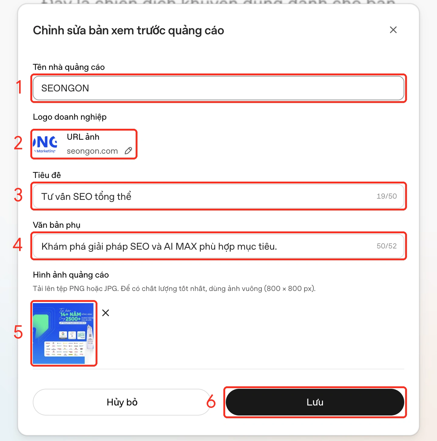 Màn hình chỉnh sửa mẫu quảng cáo: tên nhà quảng cáo, logo, tiêu đề, văn bản phụ, hình ảnh