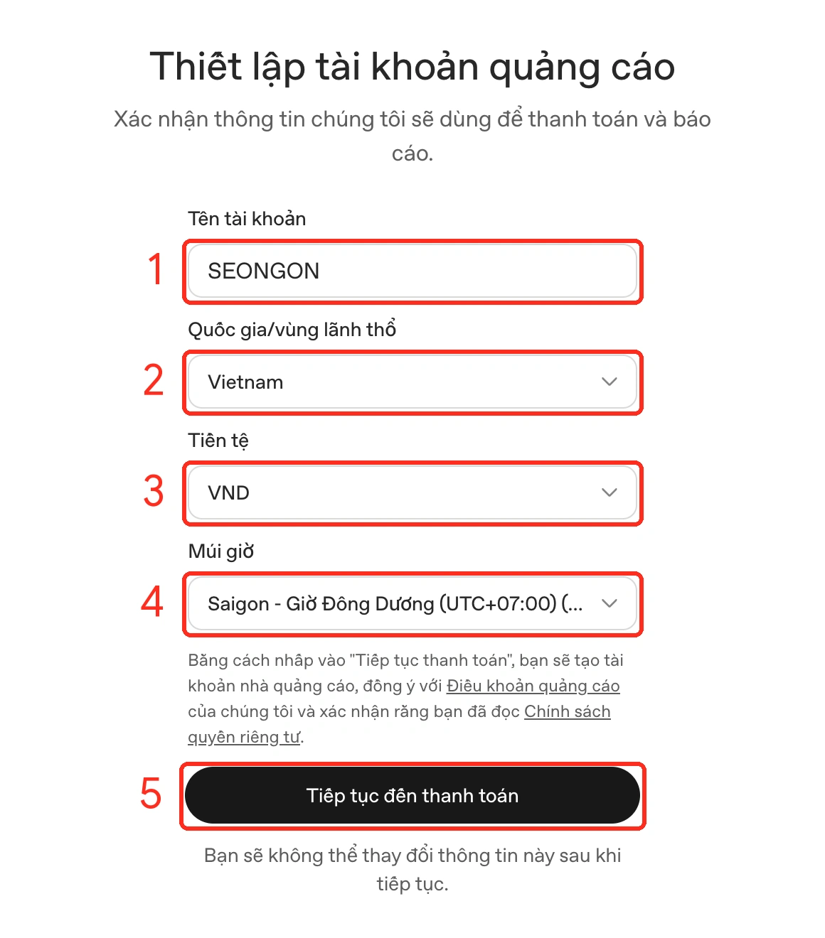 Thiết lập tài khoản quảng cáo ChatGPT Ads: tên tài khoản, quốc gia Việt Nam, tiền tệ VND, múi giờ