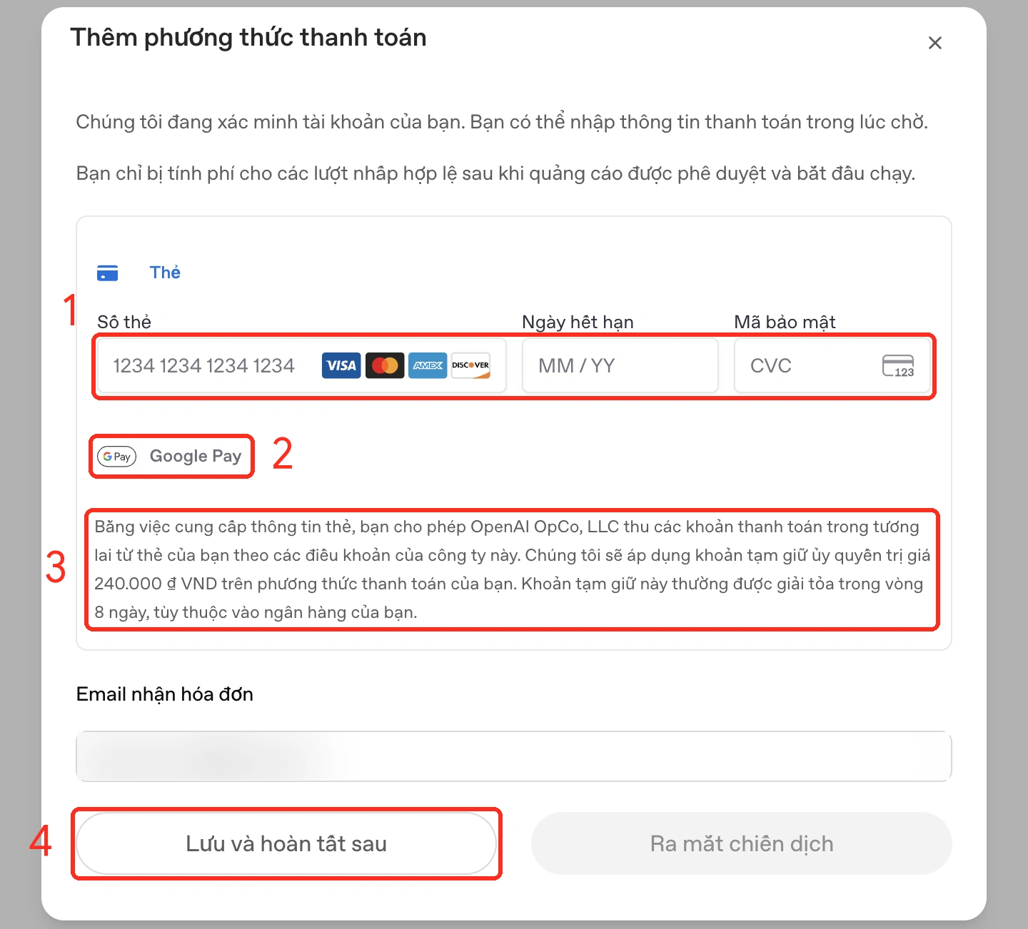 Thêm phương thức thanh toán trong ChatGPT Ads Manager: thẻ, Google Pay, khoản tạm giữ 240.000 VND