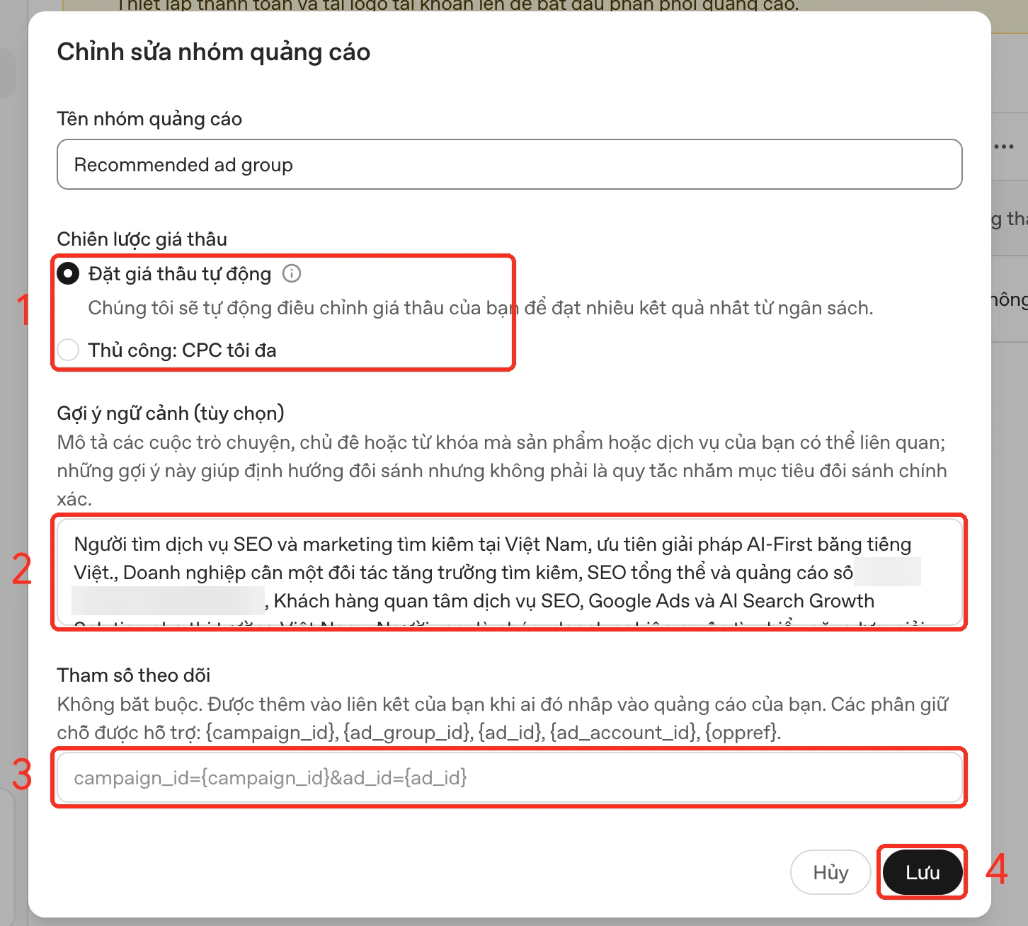 Chỉnh sửa nhóm quảng cáo: chiến lược giá thầu, gợi ý ngữ cảnh và tham số theo dõi