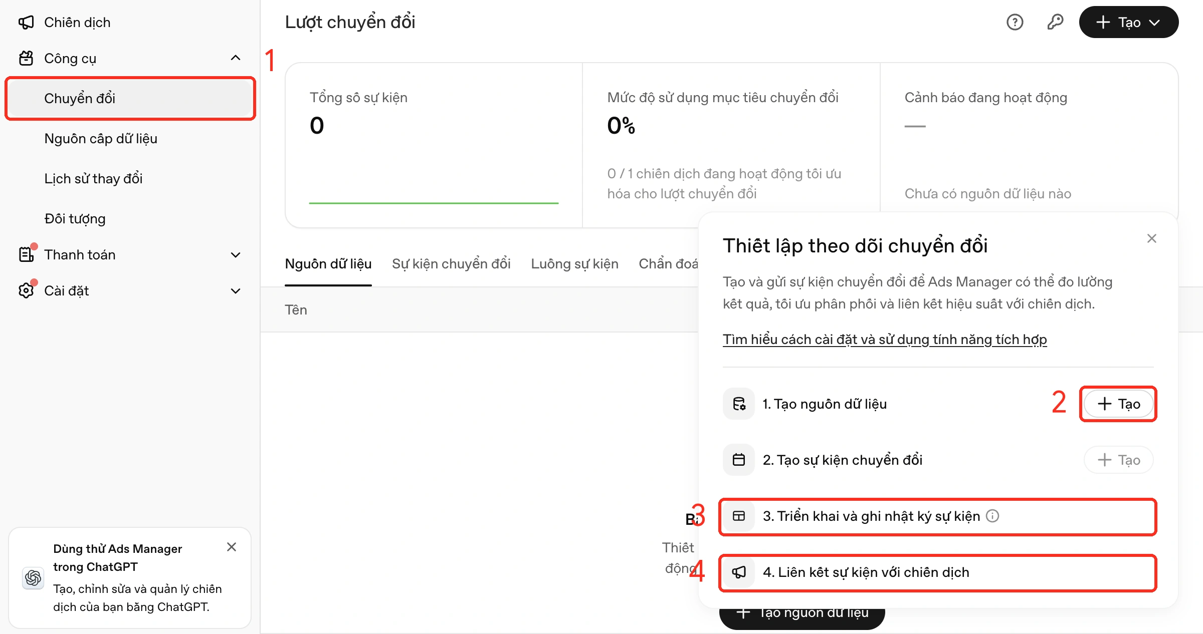 Thiết lập theo dõi chuyển đổi trong ChatGPT Ads Manager gồm 4 bước