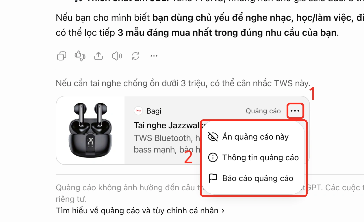 Menu tuỳ chọn trên quảng cáo ChatGPT: ẩn, thông tin và báo cáo quảng cáo