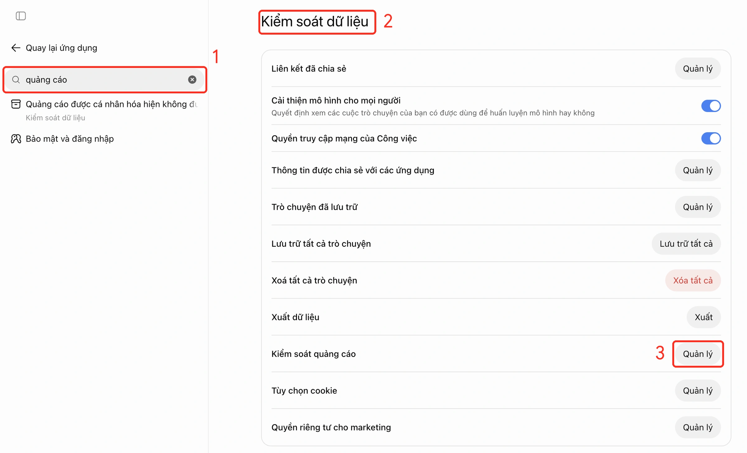 Đường dẫn tới mục Kiểm soát quảng cáo trong Cài đặt ChatGPT