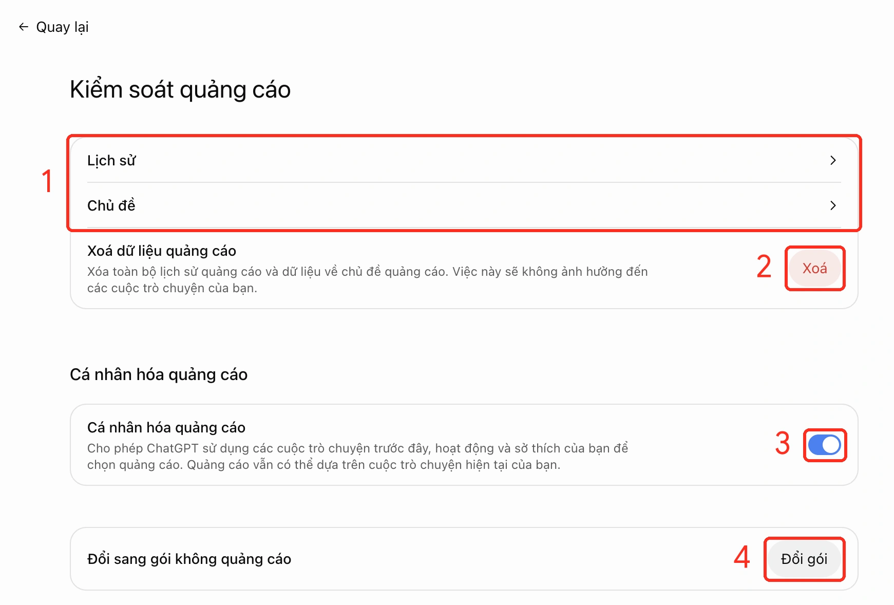 Mục Kiểm soát quảng cáo trong ChatGPT: lịch sử, chủ đề, xoá dữ liệu, cá nhân hoá, đổi gói