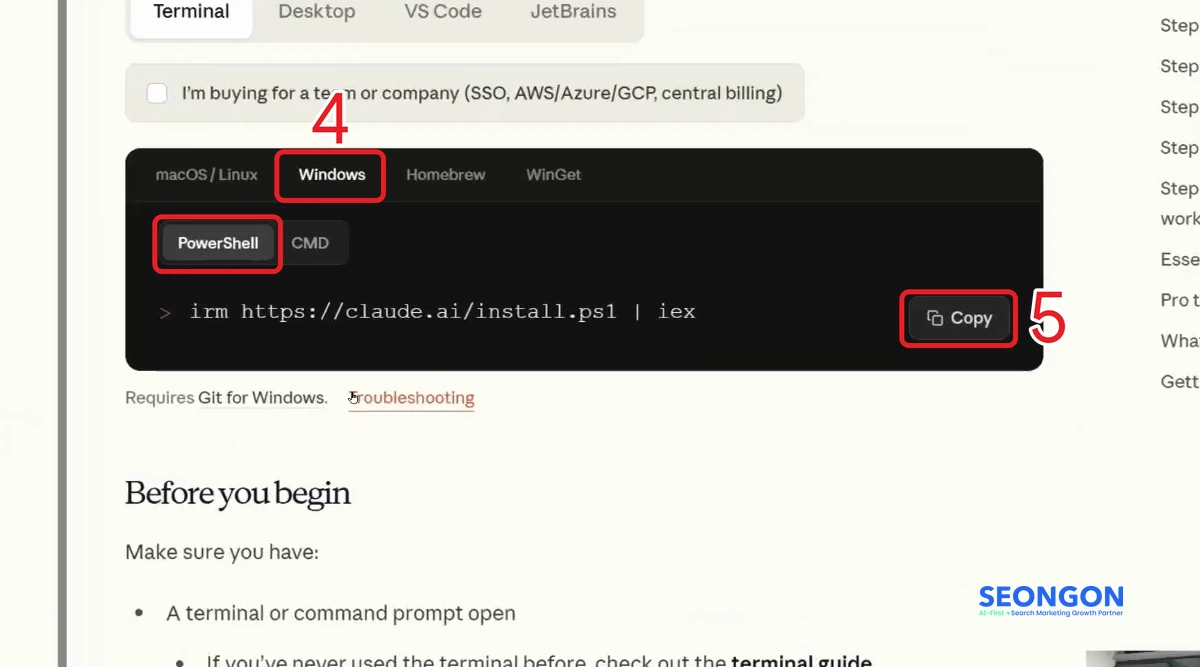 Lấy lệnh cài Claude Code cho Windows trên trang tài liệu