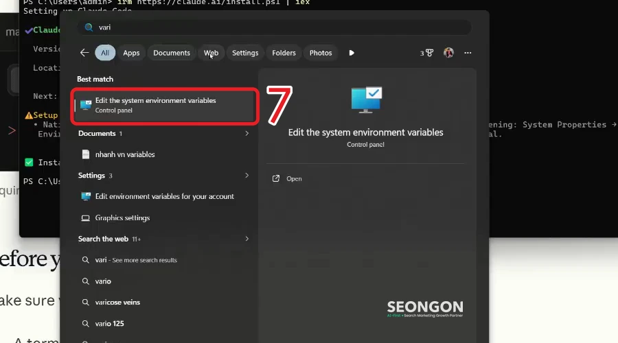 Mở Edit the system environment variables trên Windows