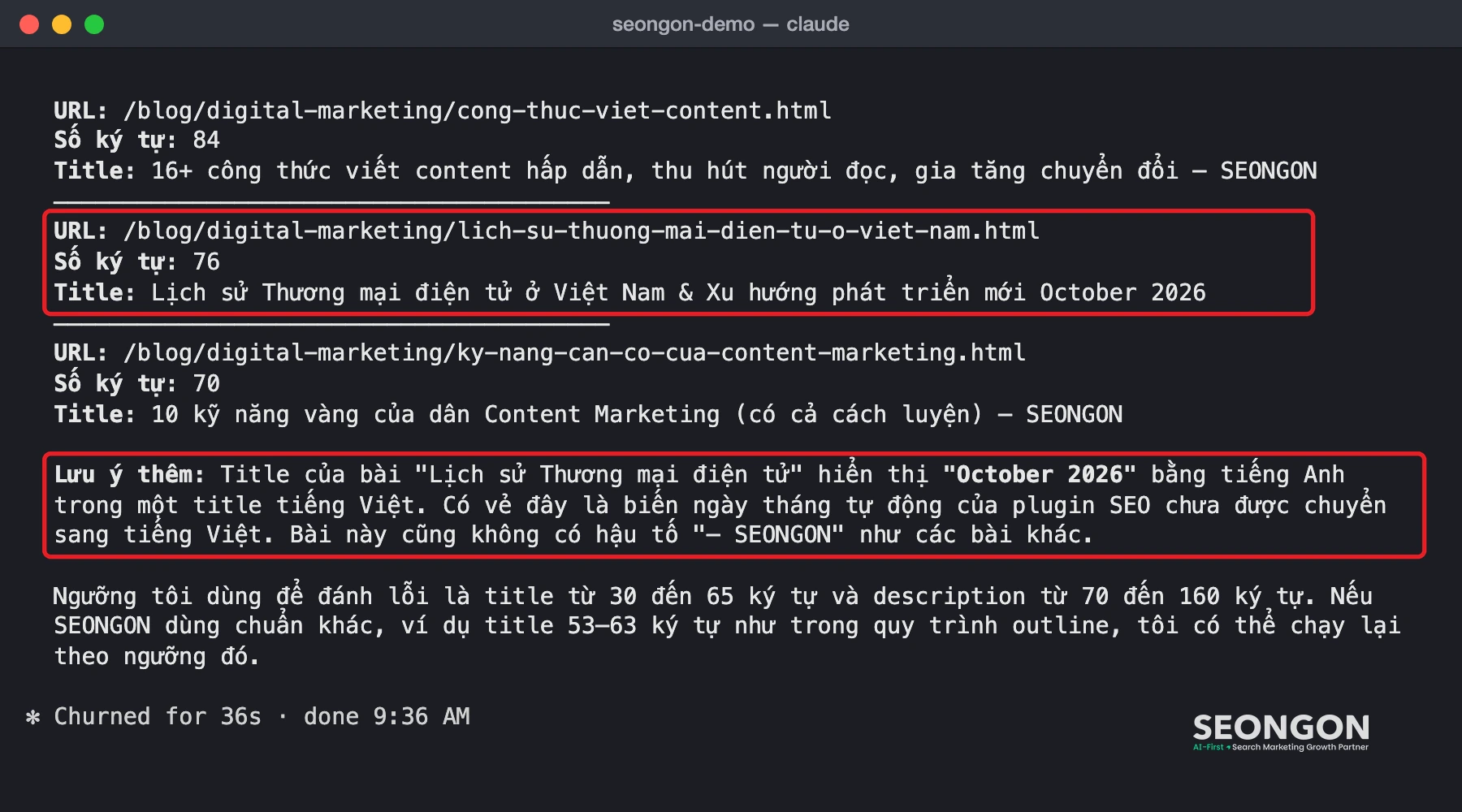 Kết quả Claude Code tìm ra URL có title quá dài