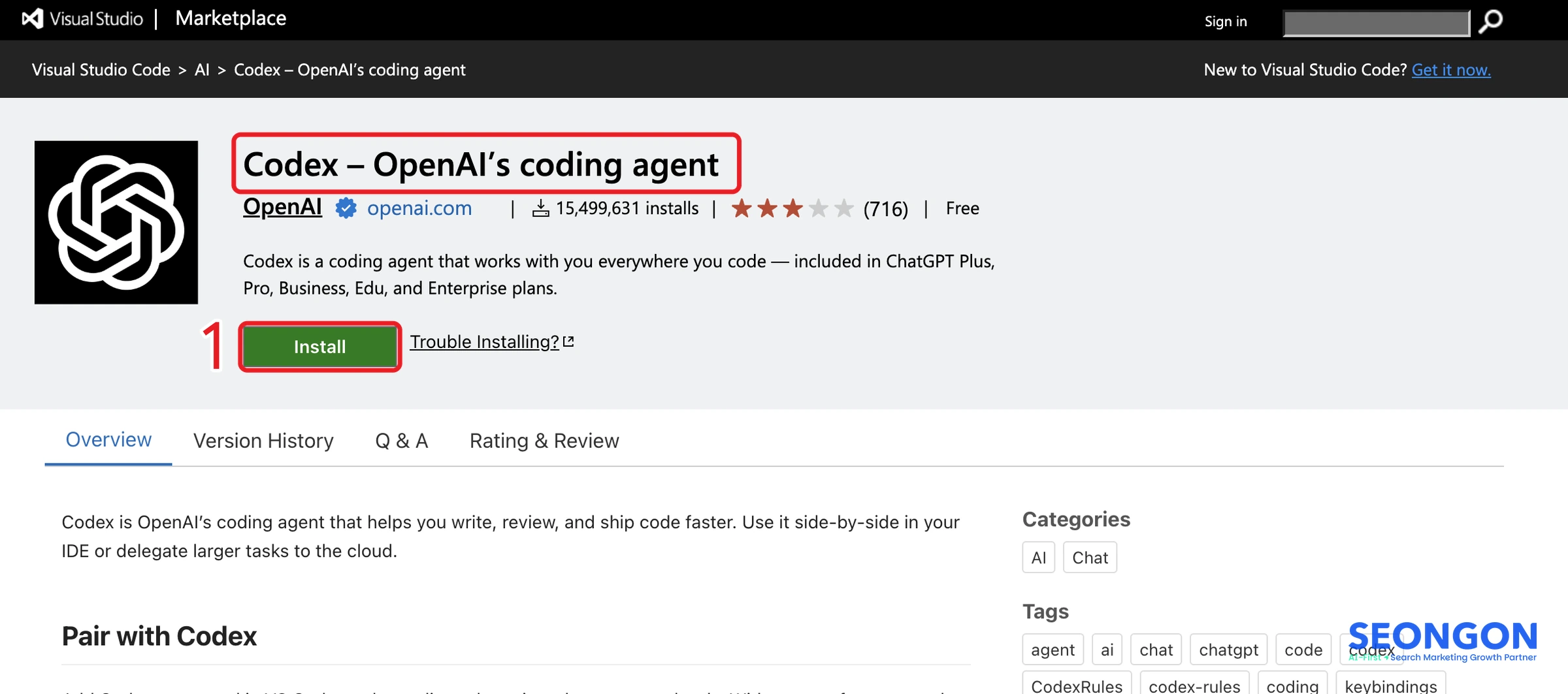 Tiện ích Codex trên VS Code Marketplace